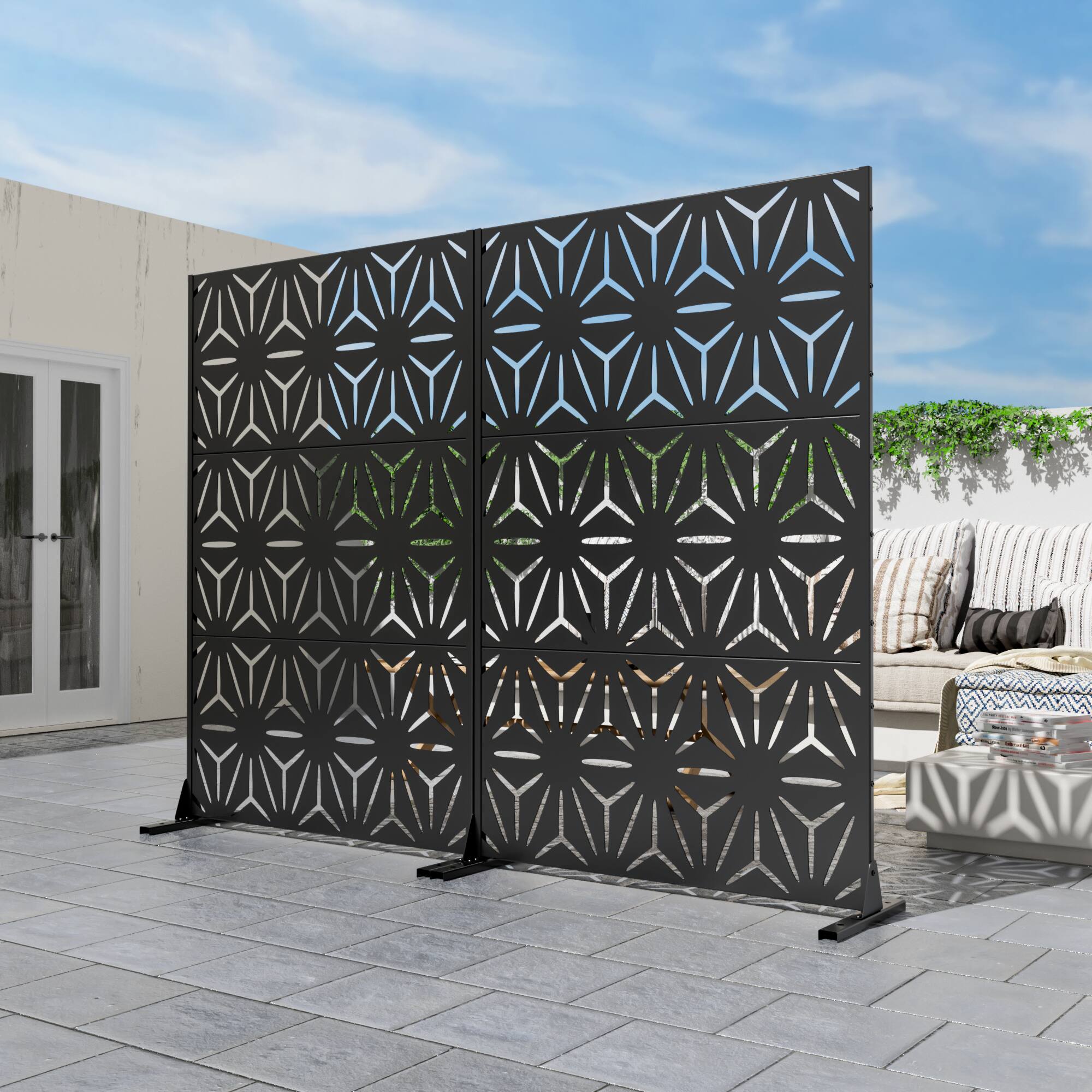 Alt View 1. PexFix - 72 in. x 47 in. Star Pattern Metal Outdoor Privacy Screen & Panels, Freestanding Garden Divider Fence - Black.
