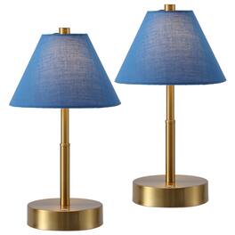 Jonathan Y - Cordelia 11.13" Metal Candlestick Rechargeable Table Lamp Set of 2 with Blue Shade and Touch Sensor Dimmer - Brass Gold