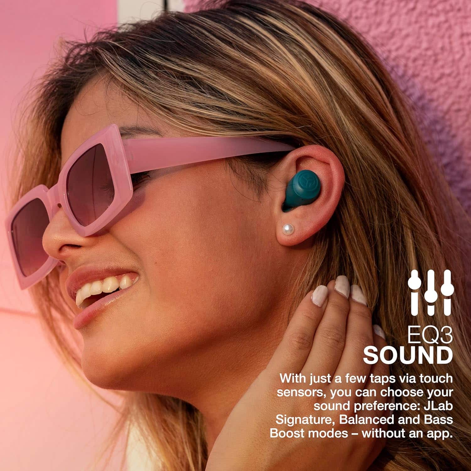 EQ3 Sound is a product that allows users to adjust their sound preference with just a few taps via touch sensors. It offers three sound preferences: JLab Signature, Balanced, and Bass Boost modes, all without the need for an app.