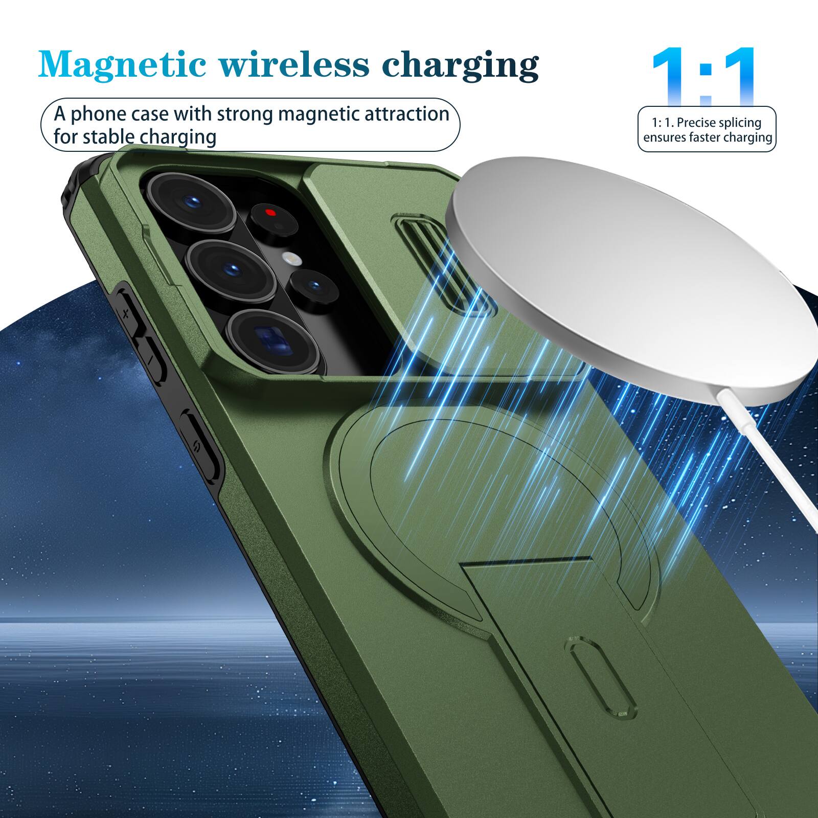 Magnetic wireless charging

A phone case with strong magnetic attraction for stable charging

1:1

1:1. Precise splicing ensures faster charging
