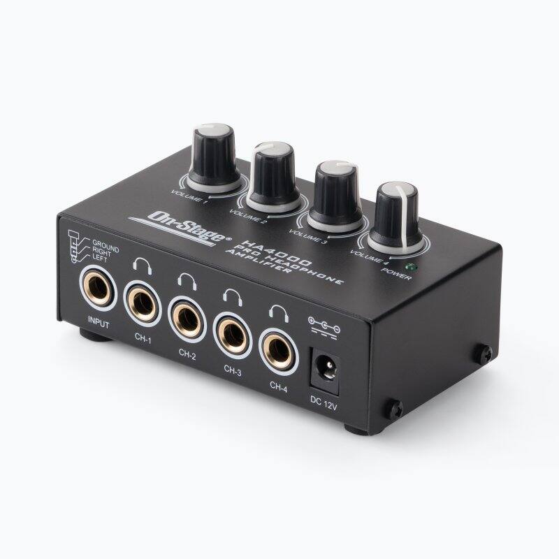 GROUND RIGHT LEFT VOLUME 1 VOLUME 2 VOLUME 3 VOLUME 4 PRO HA400 VOLUME + IFIER HEADPHONE POWER INPUT CH-1 CH-2 CH-3 CH-4 DC 12V