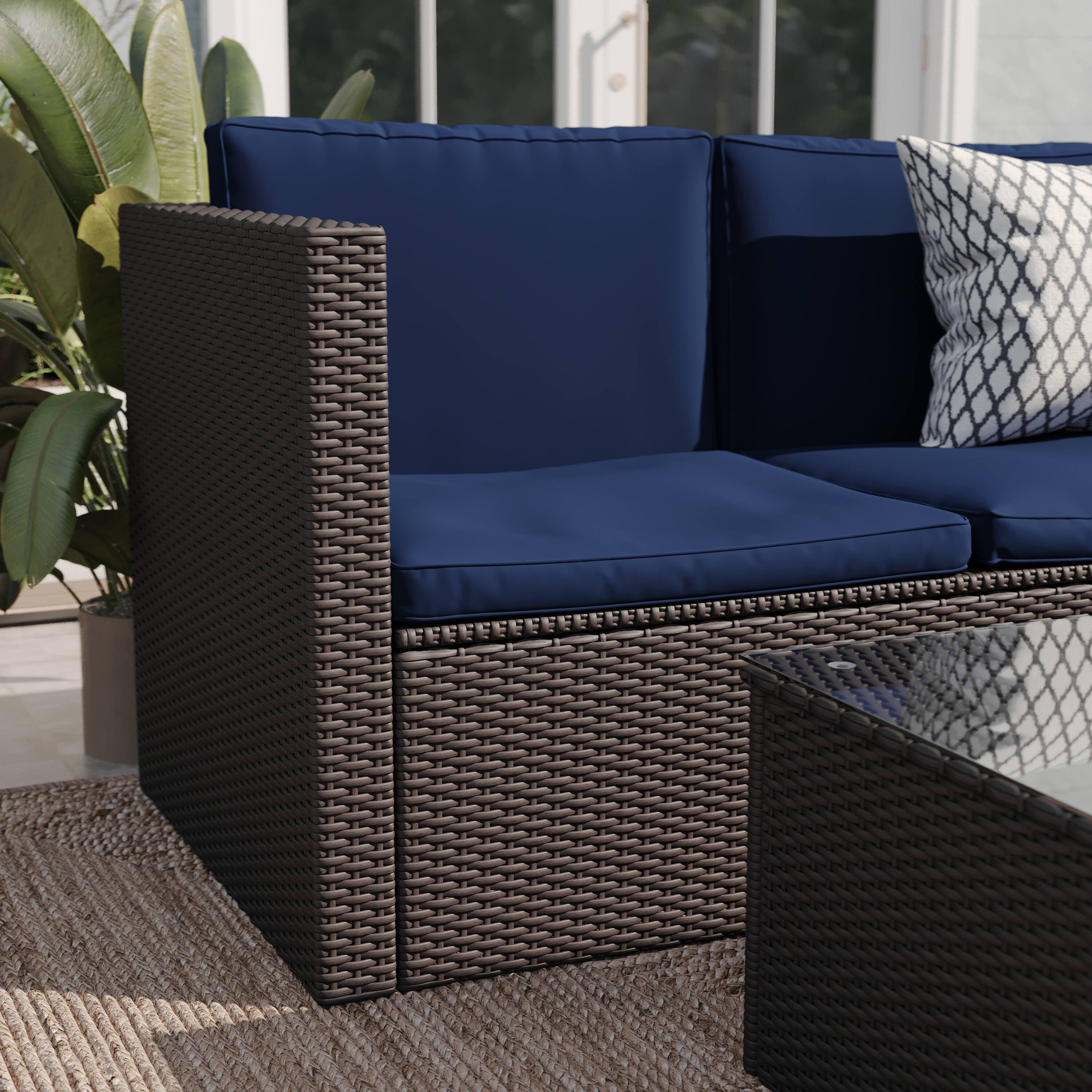 Alt View 3. Emma + Oliver - Beal All Weather Wicker PE Rattan L-Shaped Sectional Sofa with Coffee Table and Included Back and Seat Cushions - Navy Cushions/Brown Frame.