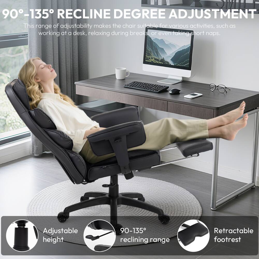 90°-135° RECLINE DEGREE ADJUSTMENT

This range of adjustability makes the chair suitable for various activities, such as working at a desk, relaxing during breaks, or even taking short naps.

- Adjustable height
- 90°-135° reclining range
- Retractable footrest