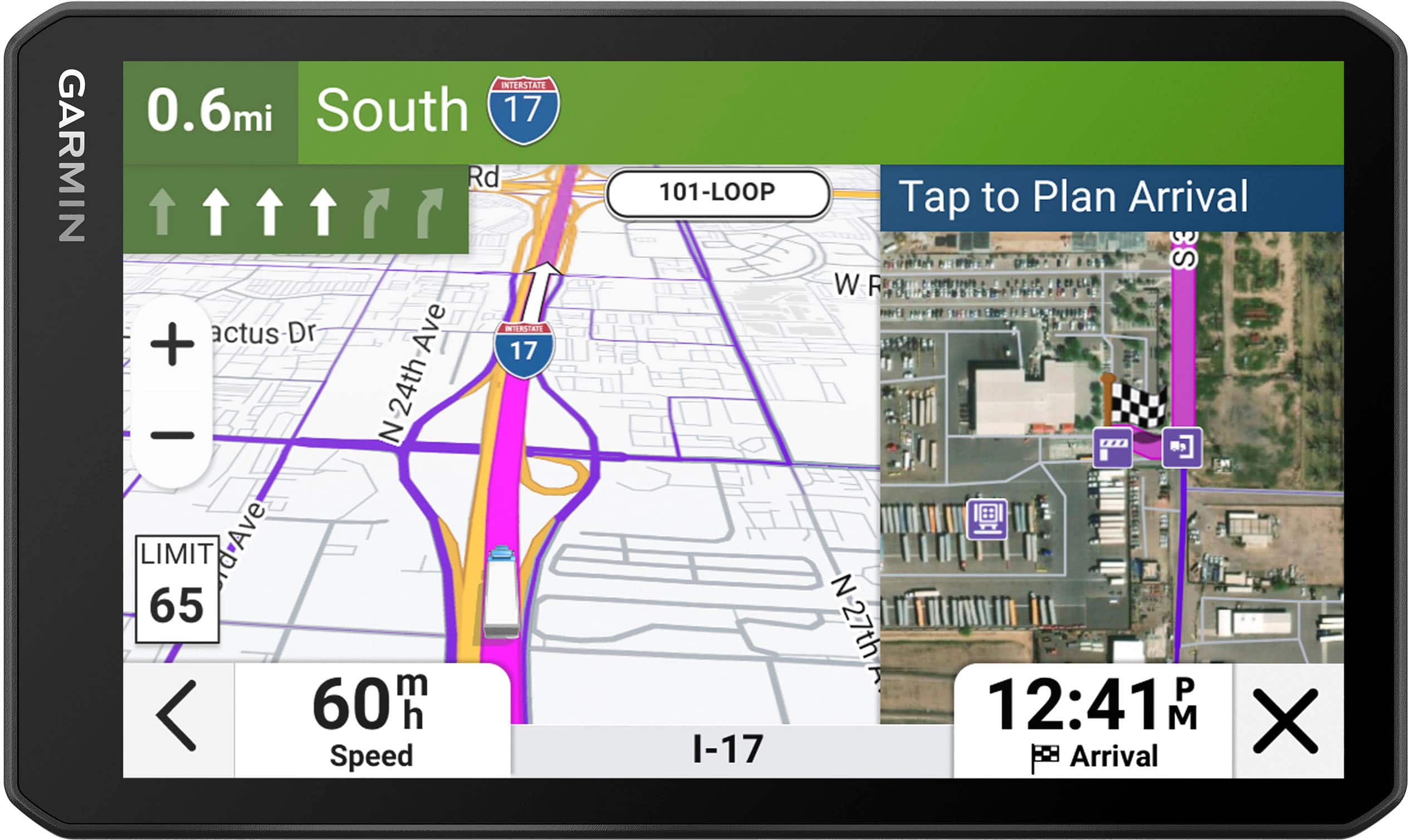 GARMIN NTERSTATE 0.6mi South 17 Rd + actus-Dr Ave INTERSTATE 17 N24th N LIMIT rd-Ave 65 m 60 h Speed 101-LOOP Tap to Plan Arrival S W R 0 N N-27th P 12:41 M X I-17 Arrival