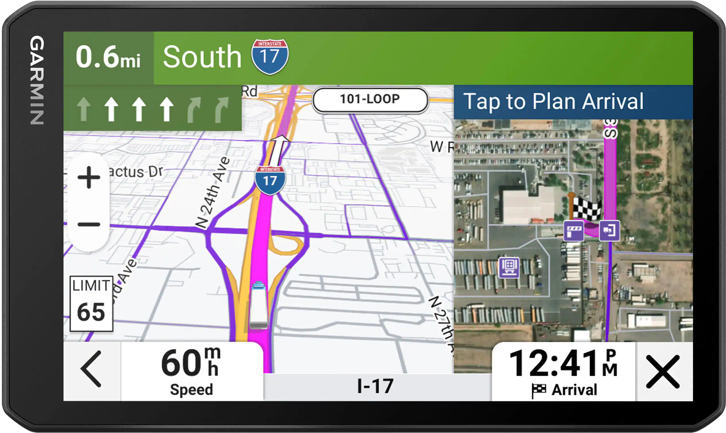 GARMIN NTERSTATE 0.6mi South 17 Rd + actus-Dr Ave INTERSTATE 17 N24th N LIMIT rd-Ave 65 m 60 h Speed 101-LOOP Tap to Plan Arrival S W R 0 N N-27th P 12:41 M X I-17 Arrival