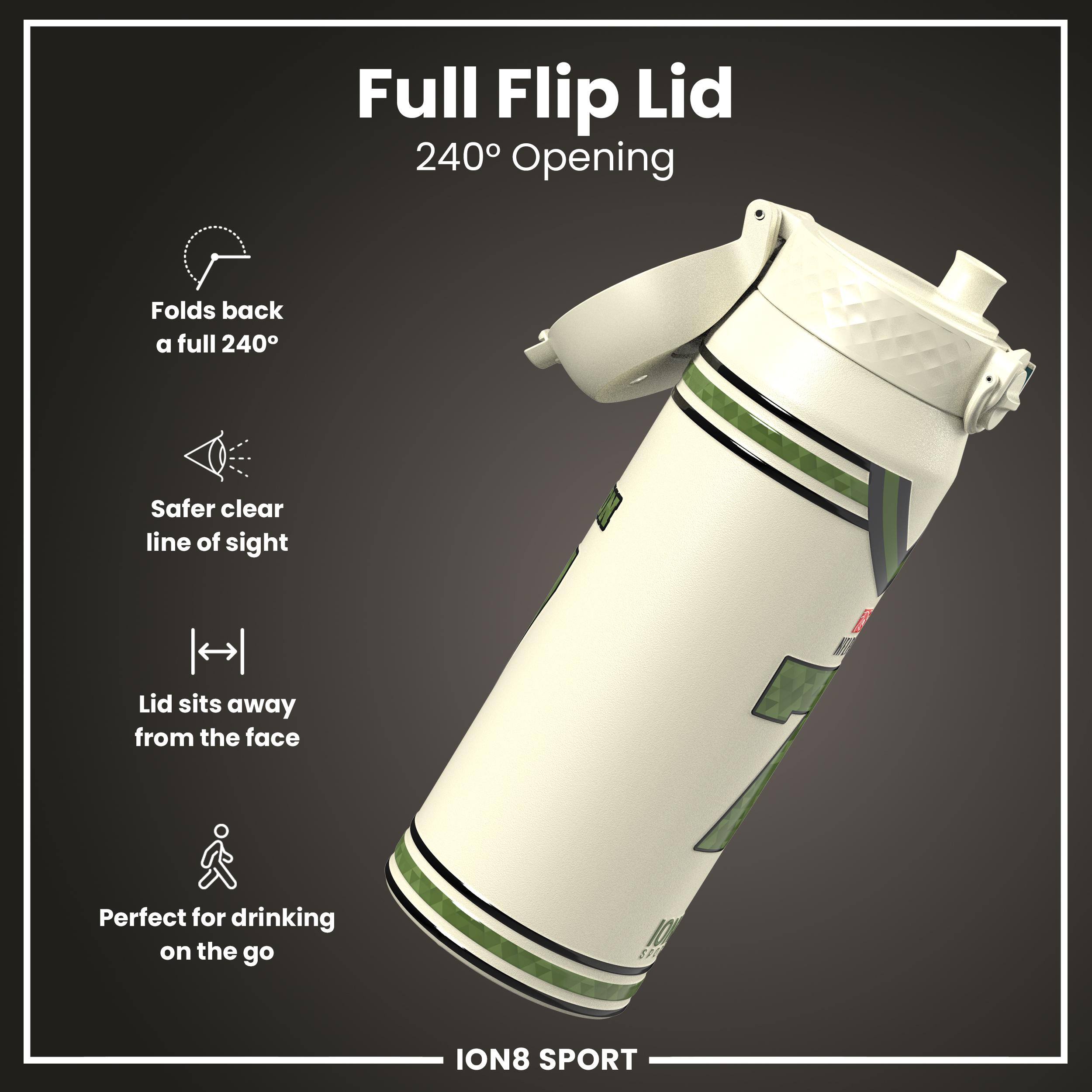 Full Flip Lid  
240° Opening  

- Folds back a full 240°  
- Safer clear line of sight  
- Lid sits away from the face  
- Perfect for drinking on the go  

ION8 SPORT