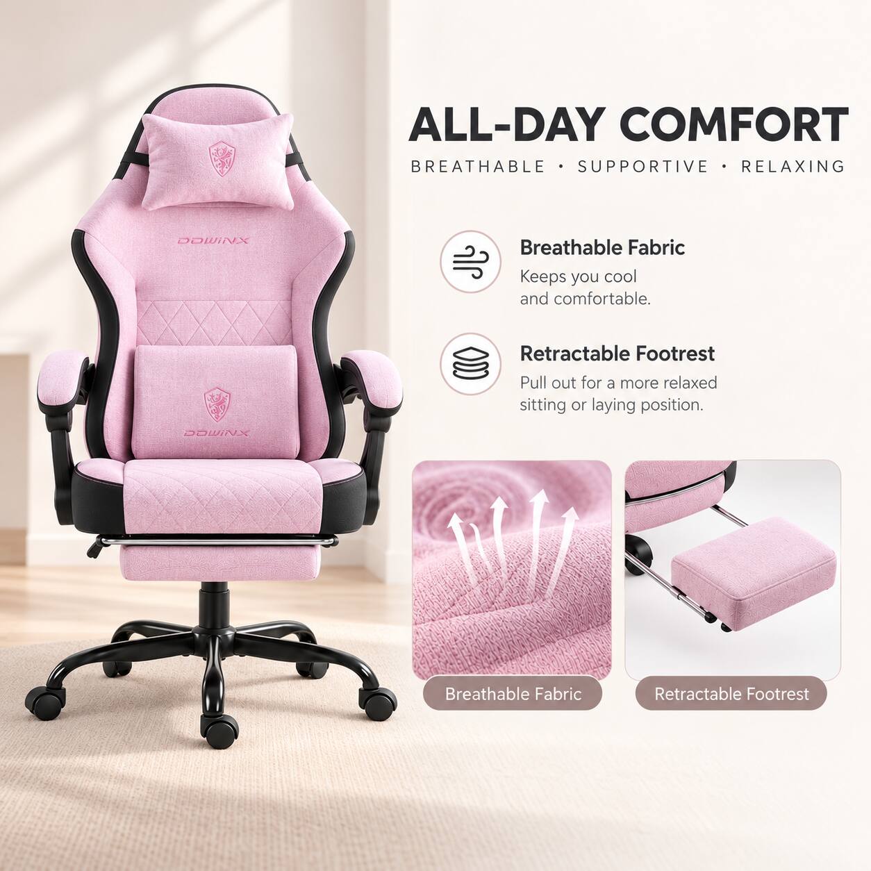 ALL-DAY COMFORT  
BREATHABLE • SUPPORTIVE • RELAXING

Breathable Fabric  
Keeps you cool and comfortable.

Retractable Footrest  
Pull out for a more relaxed sitting or laying position.