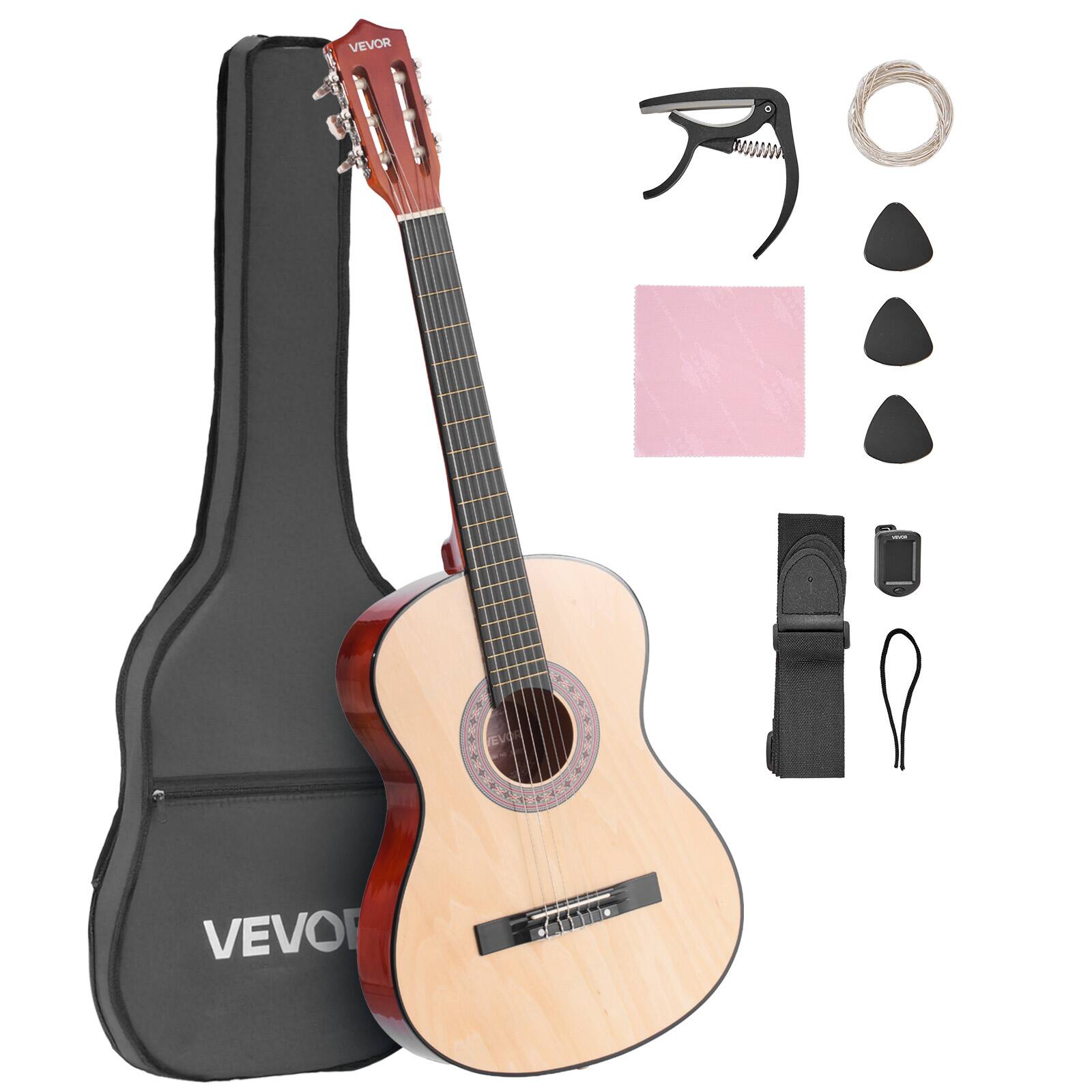 VEVOR - 38-Inch Classical Guitar Starter Kit, Wooden Acoustic Guitar with Nylon Strings, Gig Bag, Strap, Tuner, Extra Strings - Natural