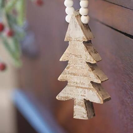 Front. BreeBe - Distressed Wooden Tree Beaded Ornament - Grey, White.