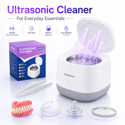 Ultrasonic Cleaner For Everyday Essentials 45 kHz Deep Cleaning UV Light 250 ml Capacity One-Button Control Loheer ULTRASONIC Loheer CLEANER