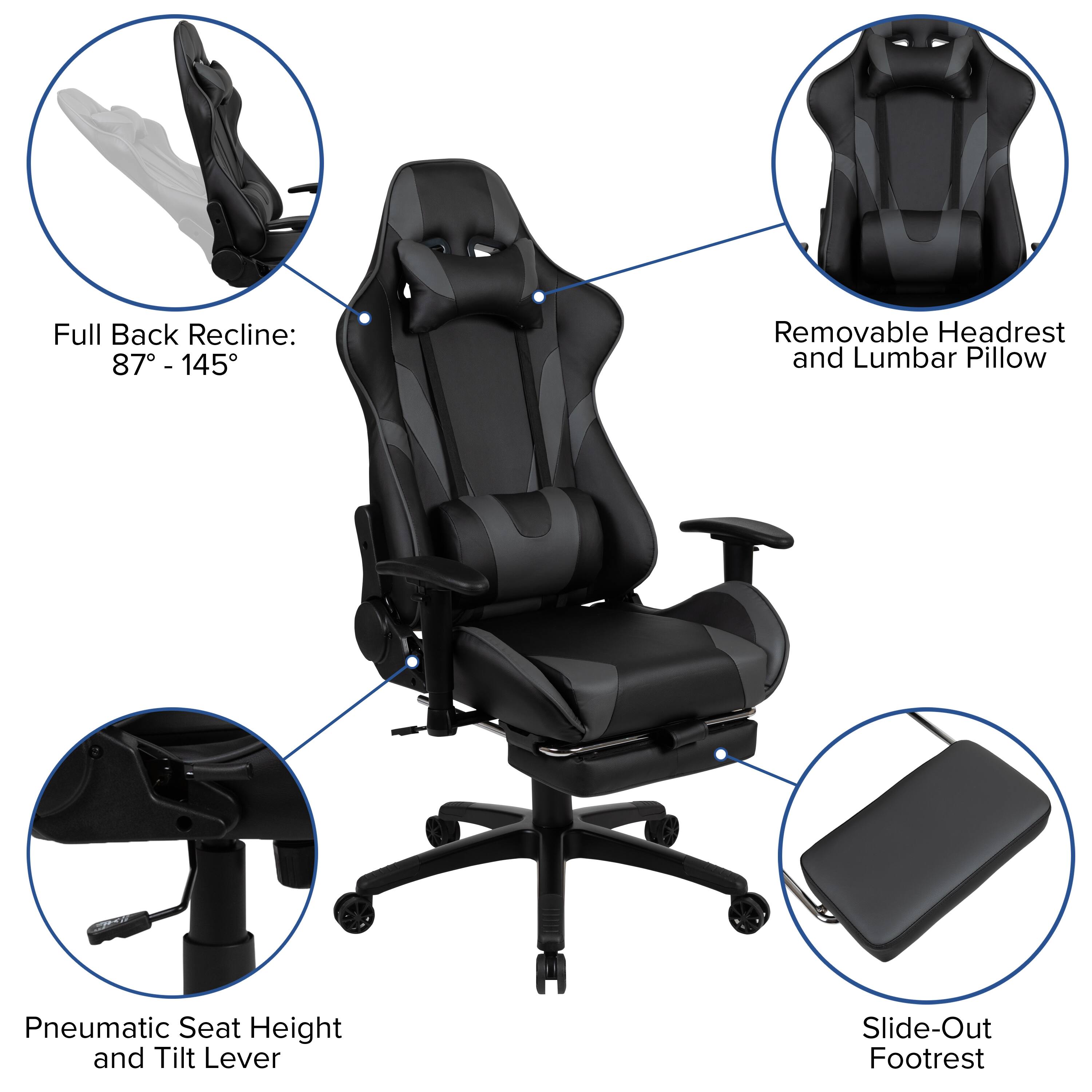 Full Back Recline: 87° - 145°  
Removable Headrest and Lumbar Pillow  
Pneumatic Seat Height and Tilt Lever  
Slide-Out Footrest