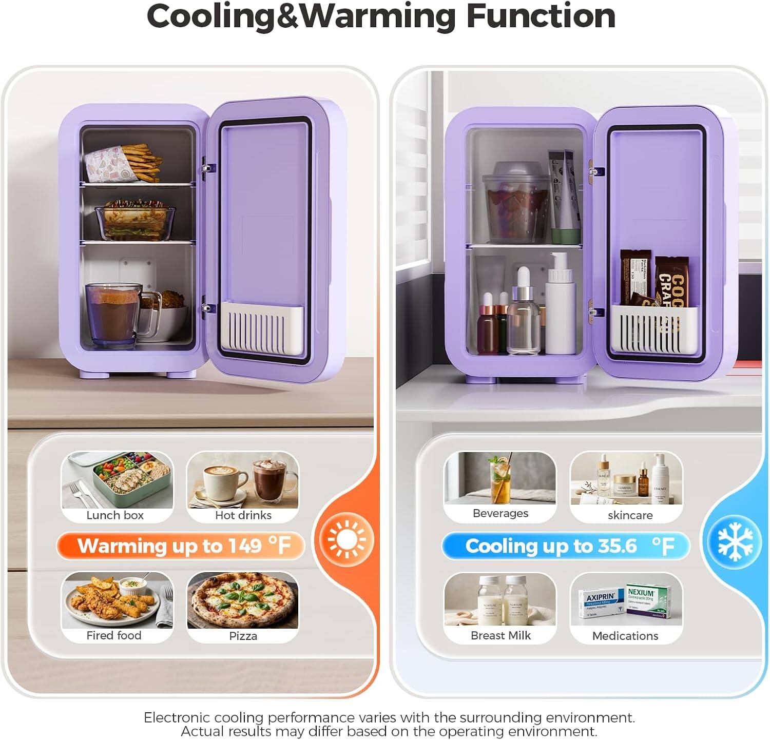 Cooling & Warming Function

- Lunch box
- Hot drinks
- Fired food
- Pizza

Warming up to 149°F

- Beverages
- Skincare
- Breast Milk
- Medications

Cooling up to 35.6°F

NEXIUM AXIPRIN

Electronic cooling performance varies with the surrounding environment. Actual results may differ based on the operating environment.