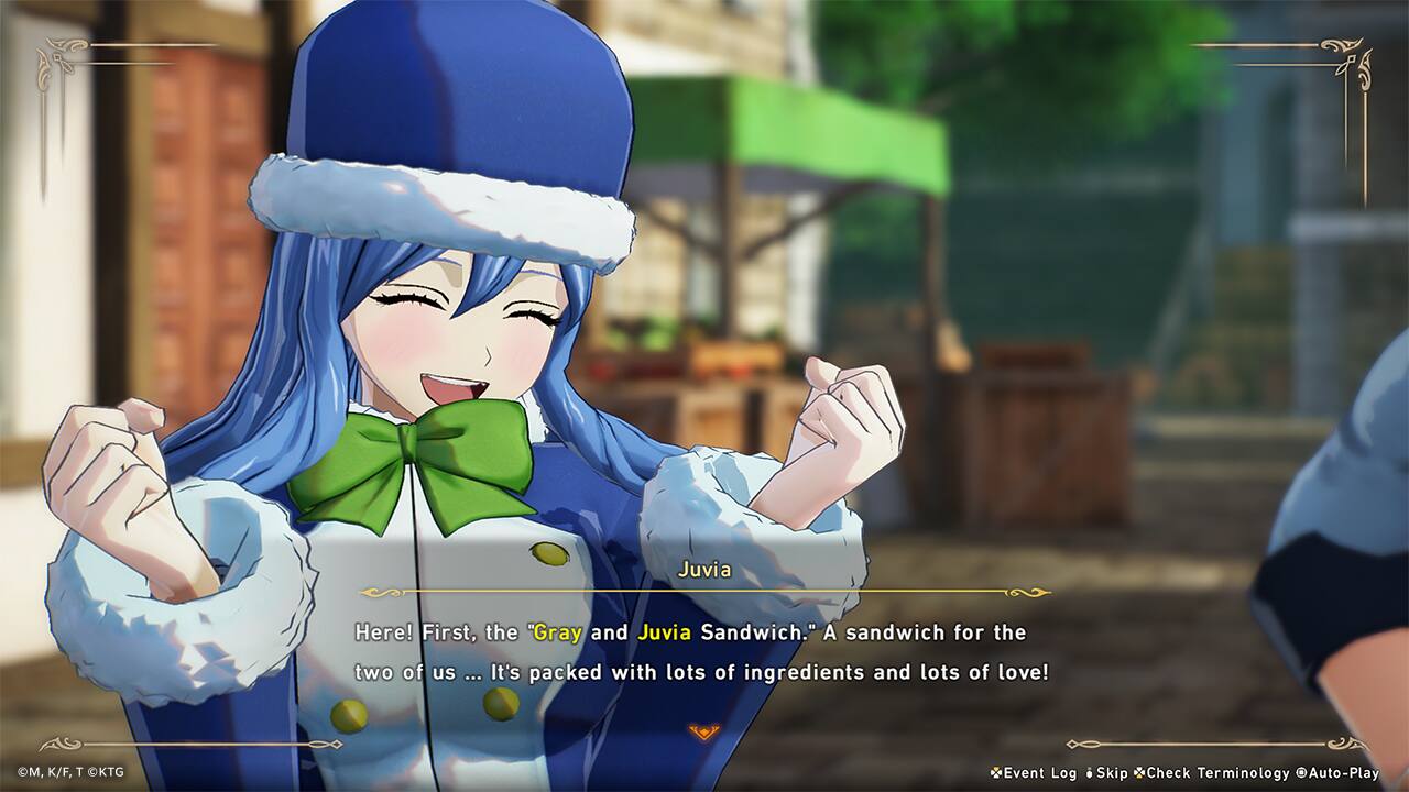 Juvia here! First, the "Gray and Juvia Sandwich." A sandwich for the two of us ... It's packed with lots of ingredients and lots of love! M, K/F, T KTG Event Log Skip Check Terminology Auto-Play