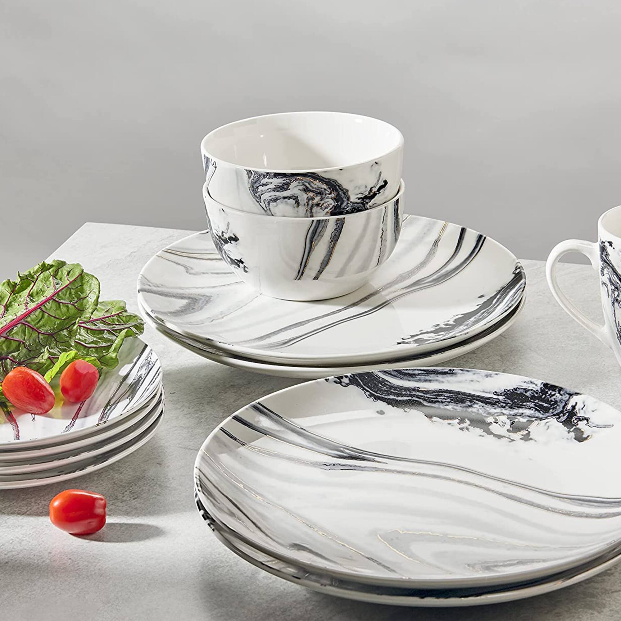 Alt View 2. American Atelier - Marble Coupe 16Pc Dinnerware Set - Black.
