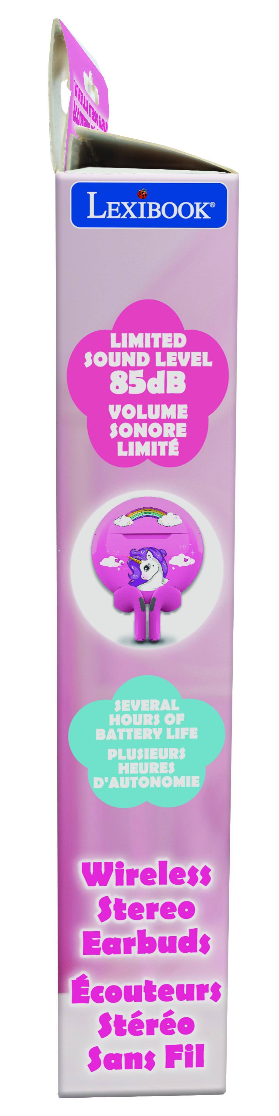 LEXIBOOK LIMITED SOUND LEVEL 85dB VOLUME SONORE LIMITÉ SEVERAL HOURS OF BATTERY LIFE PLUSIEURS HEURES D'AUTONOMIE Wireless Stereo Earbuds écouteurs stéréo sans fil