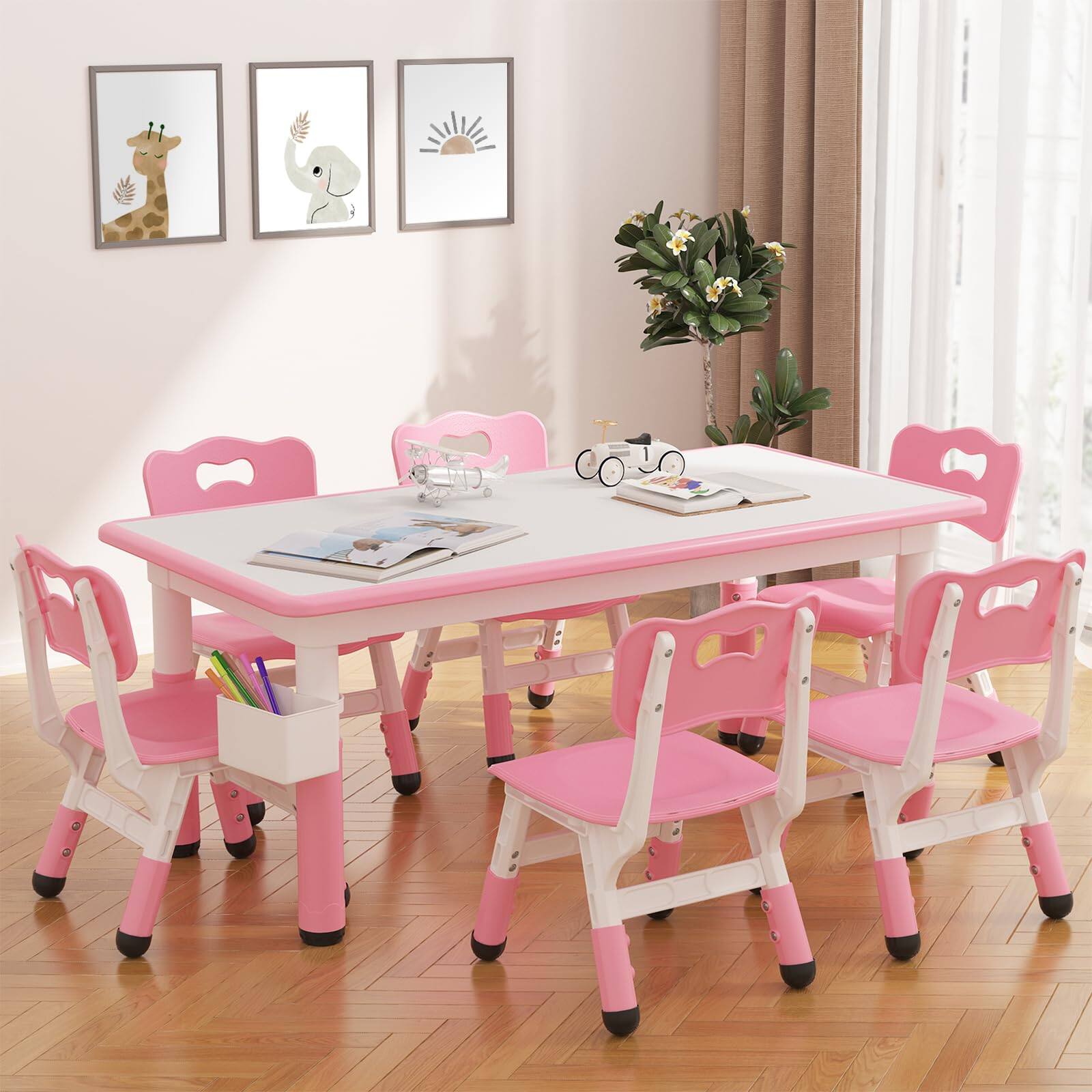 Angle. Babevy - Kids Table & 6 Chairs Set with Storage Box, Graffiti Drawing Desktop, Height Adjustable Table Set for Ages 2-10 - Pink.