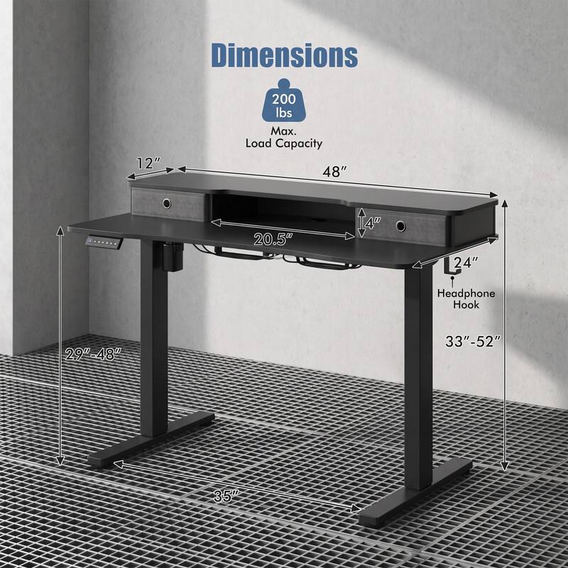 Dimensions: 12" x 20.5" x 14" x 4" x 24"  
Max. Load Capacity: 200 lbs  
Headphone Hook: 29"-48" x 33"-52" x 35"