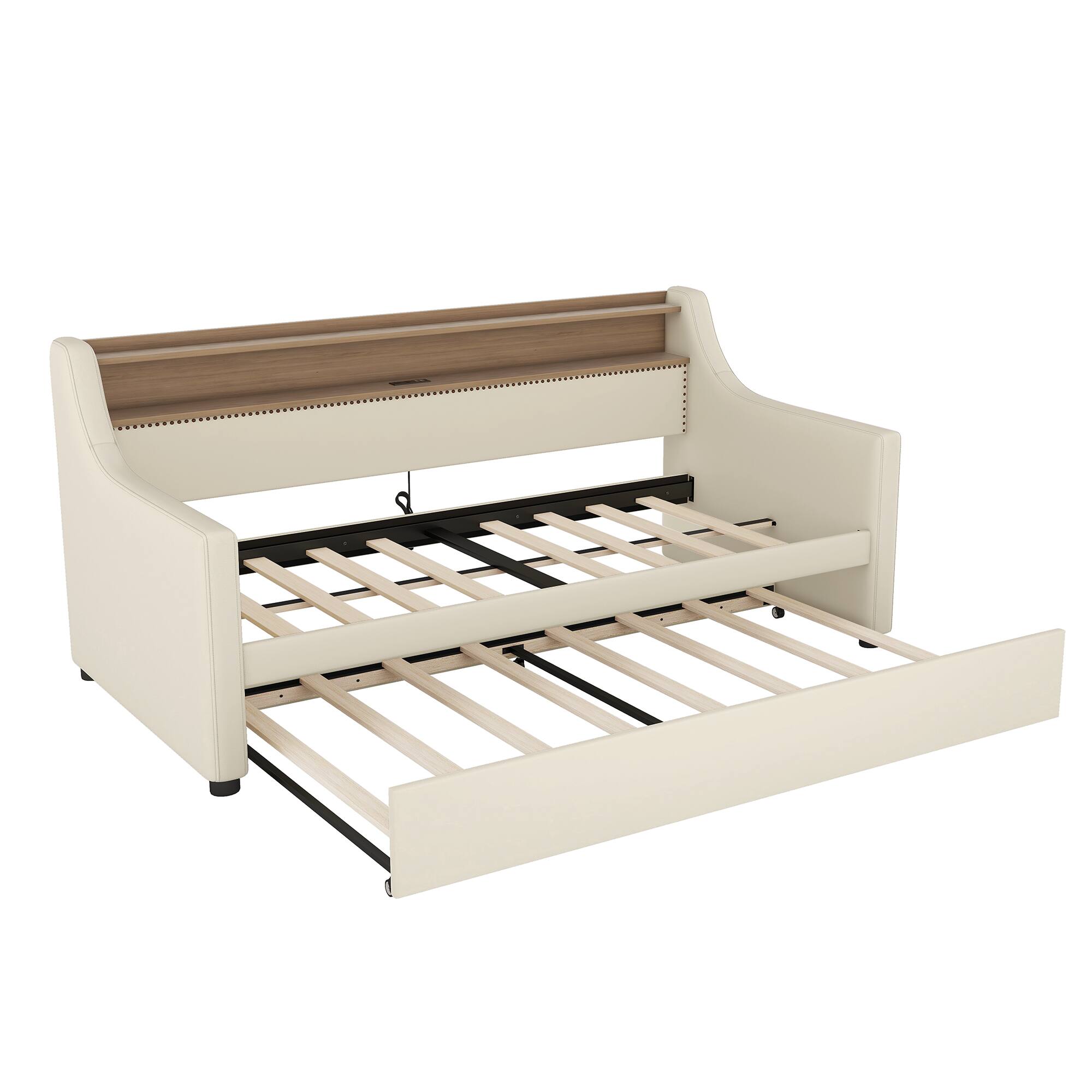 Left. PexFix - Twin Daybed with Trundle, LED Lights & Charging Station, Upholstered Bed for Guest Room - Beige.