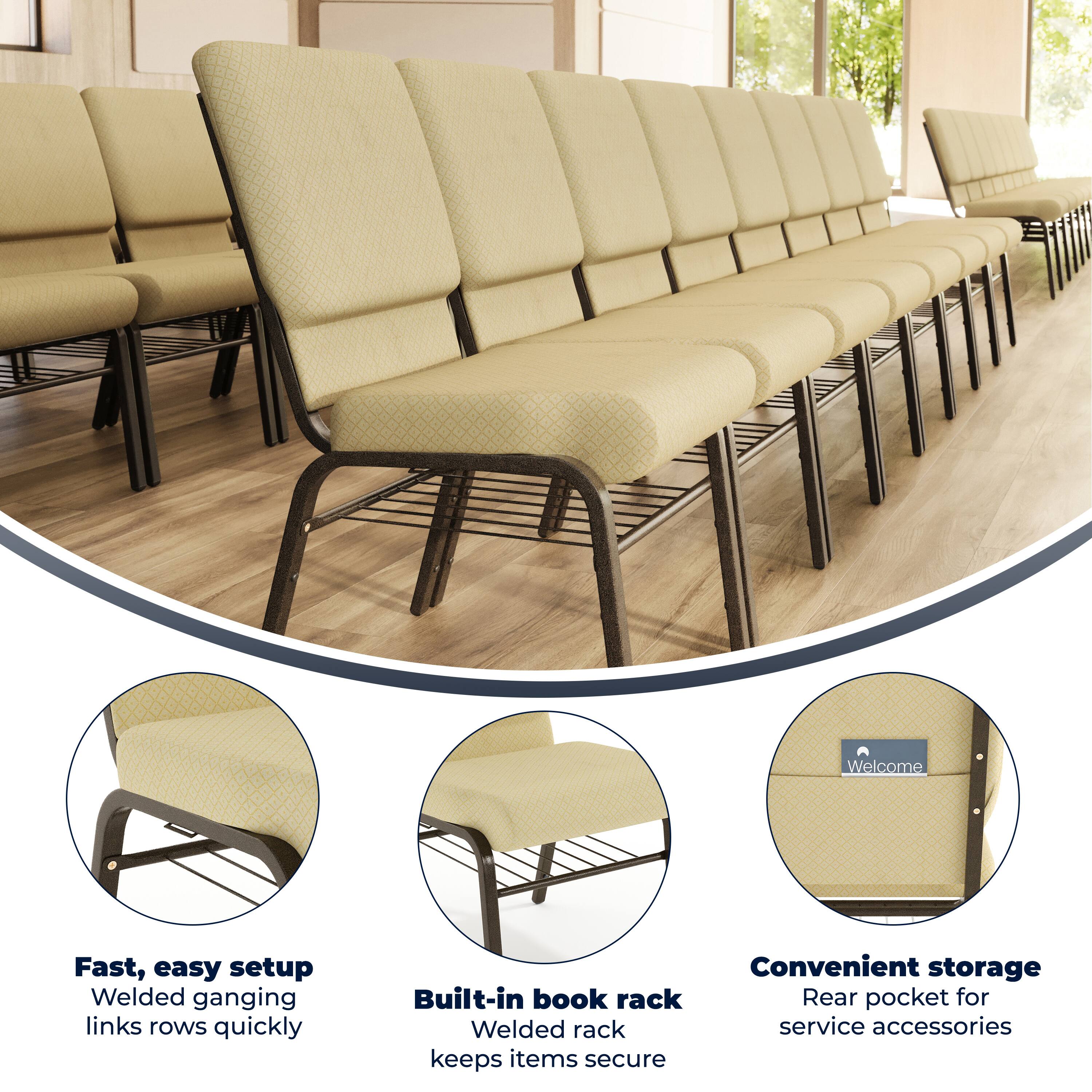 Fast, easy setup  
Welded ganging links rows quickly  

Built-in book rack  
Welded rack keeps items secure  

Convenient storage  
Rear pocket for service accessories