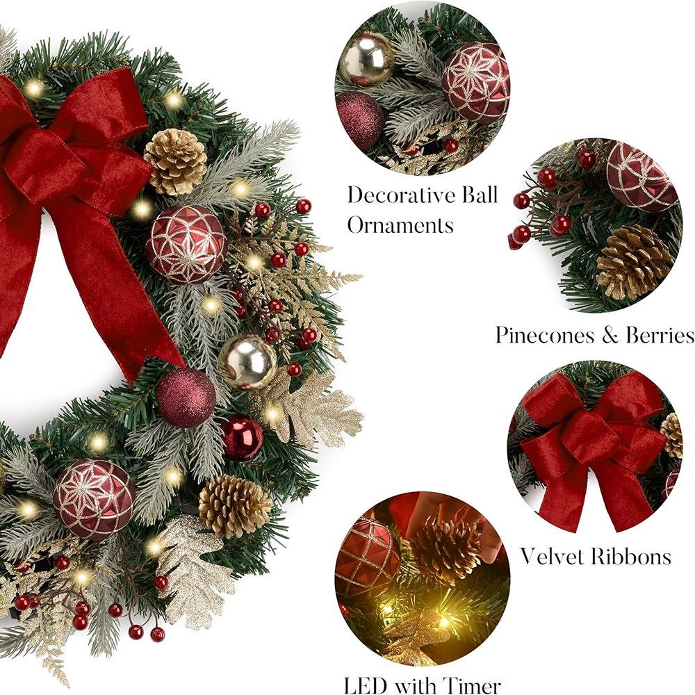 Decorative Ball Ornaments  
Pinecones & Berries  
Velvet Ribbons  
LED with Timer
