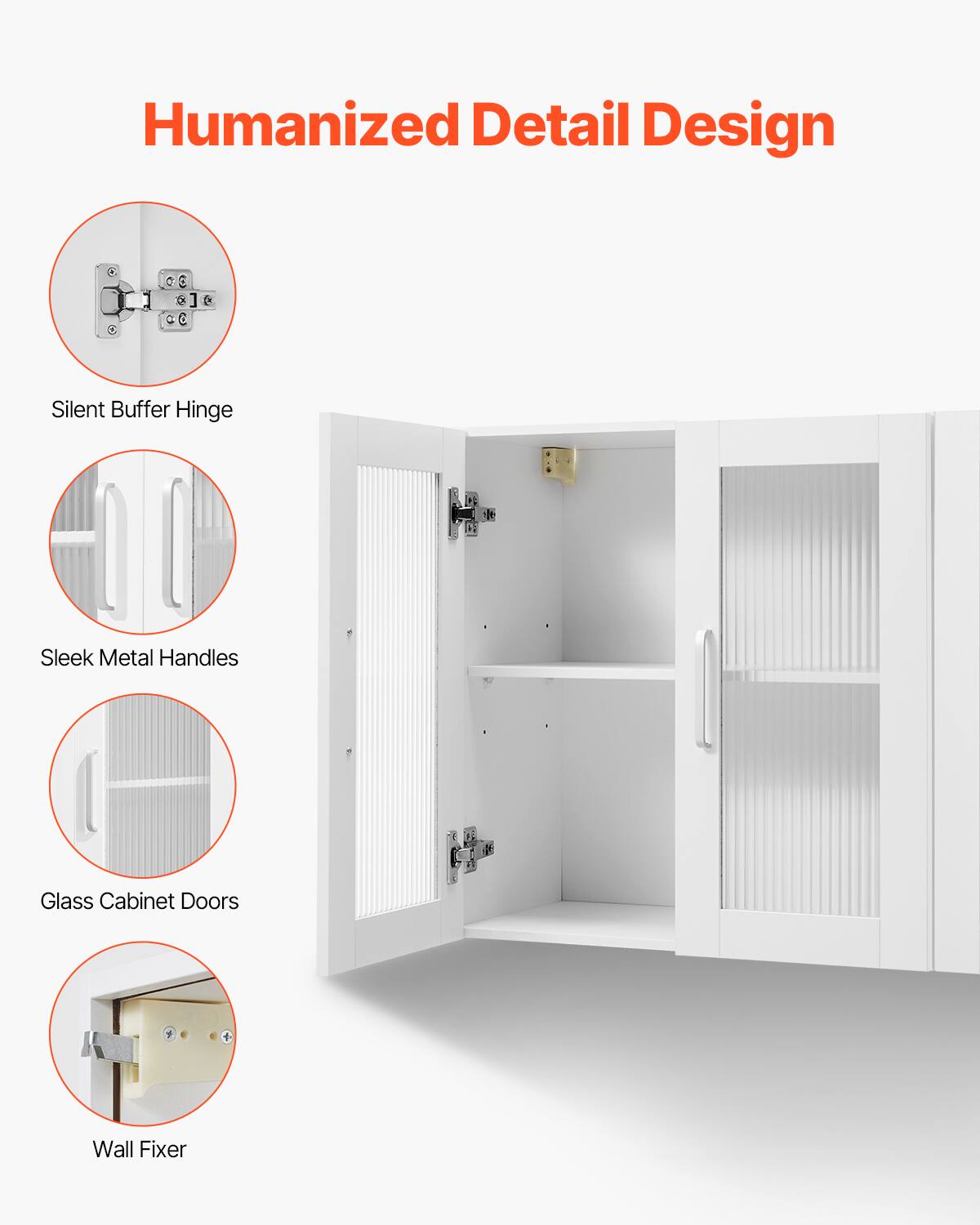 Humanized Detail Design

- Silent Buffer Hinge
- Sleek Metal Handles
- Glass Cabinet Doors
- Wall Fixer