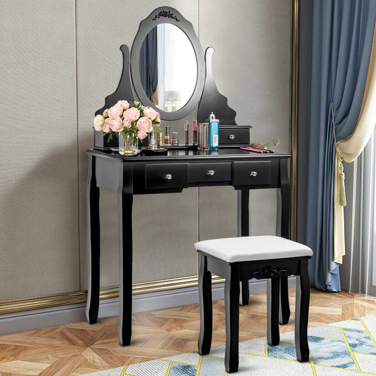 Alt View 4. Costway - Costway Vanity Jewelry Wooden Makeup Dressing Table Set W/Stool Mirror & 5 Drawers - Black.