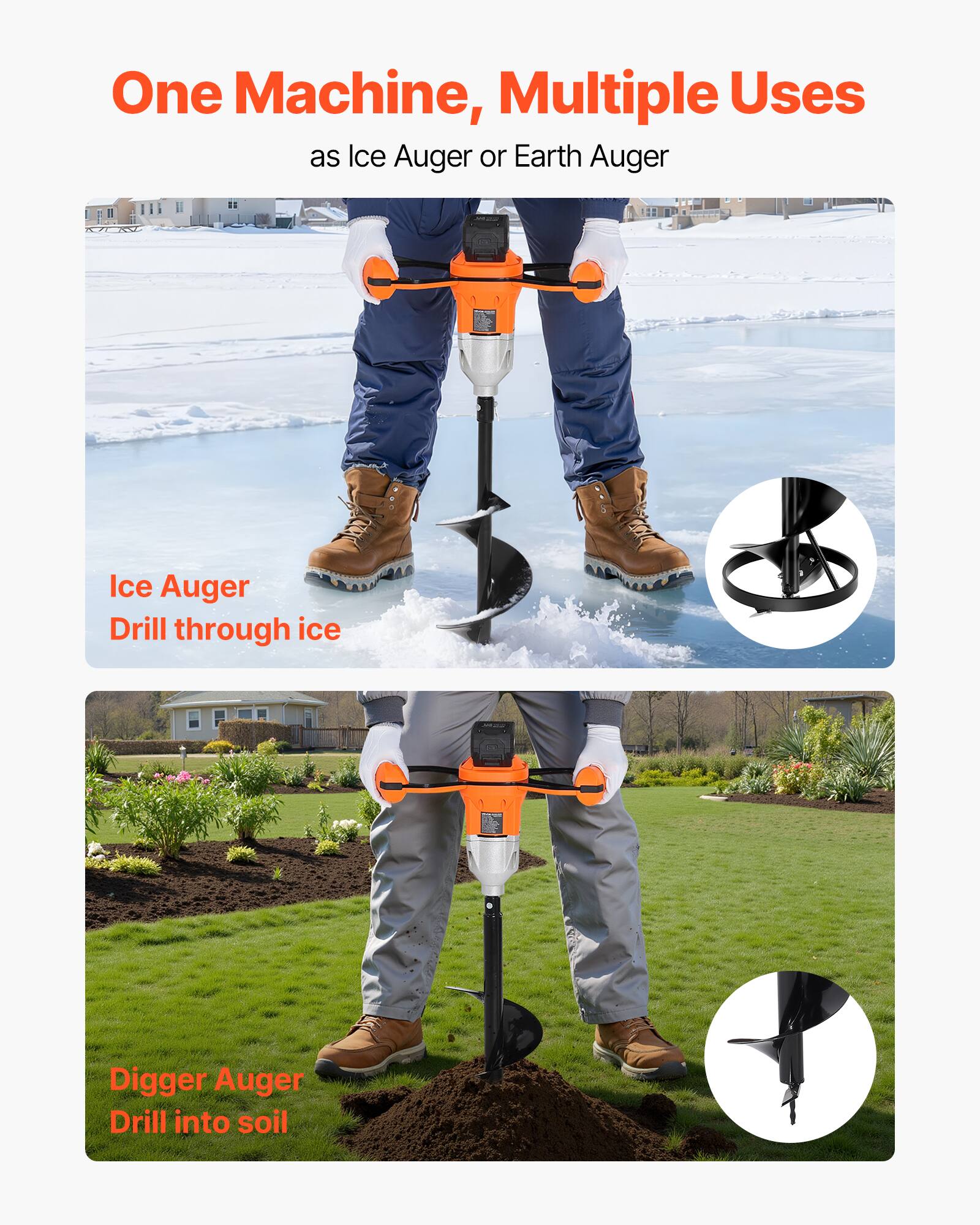 One Machine, Multiple Uses  
as Ice Auger or Earth Auger  

Ice Auger  
Drill through ice  

Digger Auger  
Drill into soil