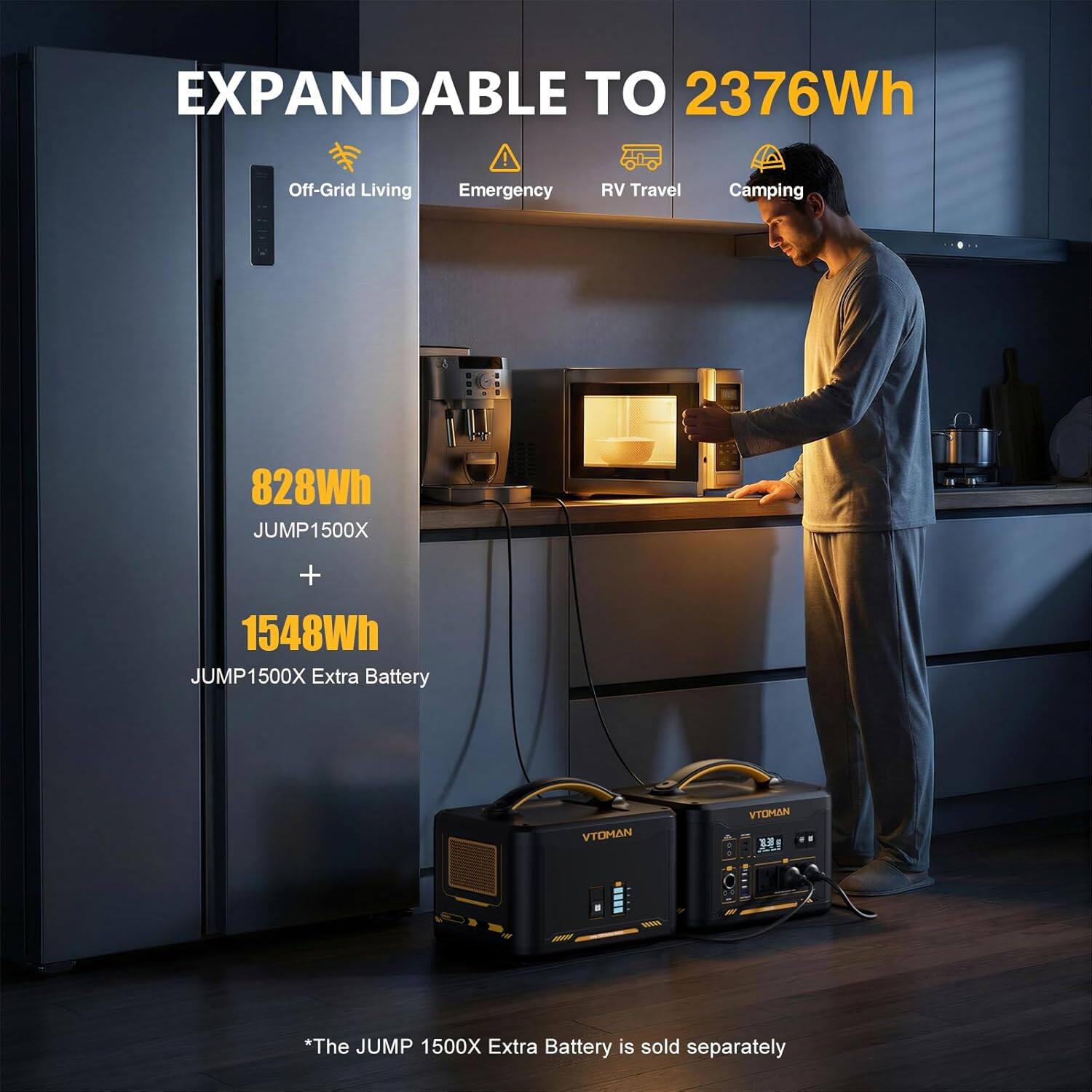 EXPANDABLE TO 2376Wh

Off-Grid Living  
Emergency  
RV Travel  
Camping

828Wh  
JUMP1500X

+  
1548Wh  
JUMP1500X Extra Battery

*The JUMP 1500X Extra Battery is sold separately
