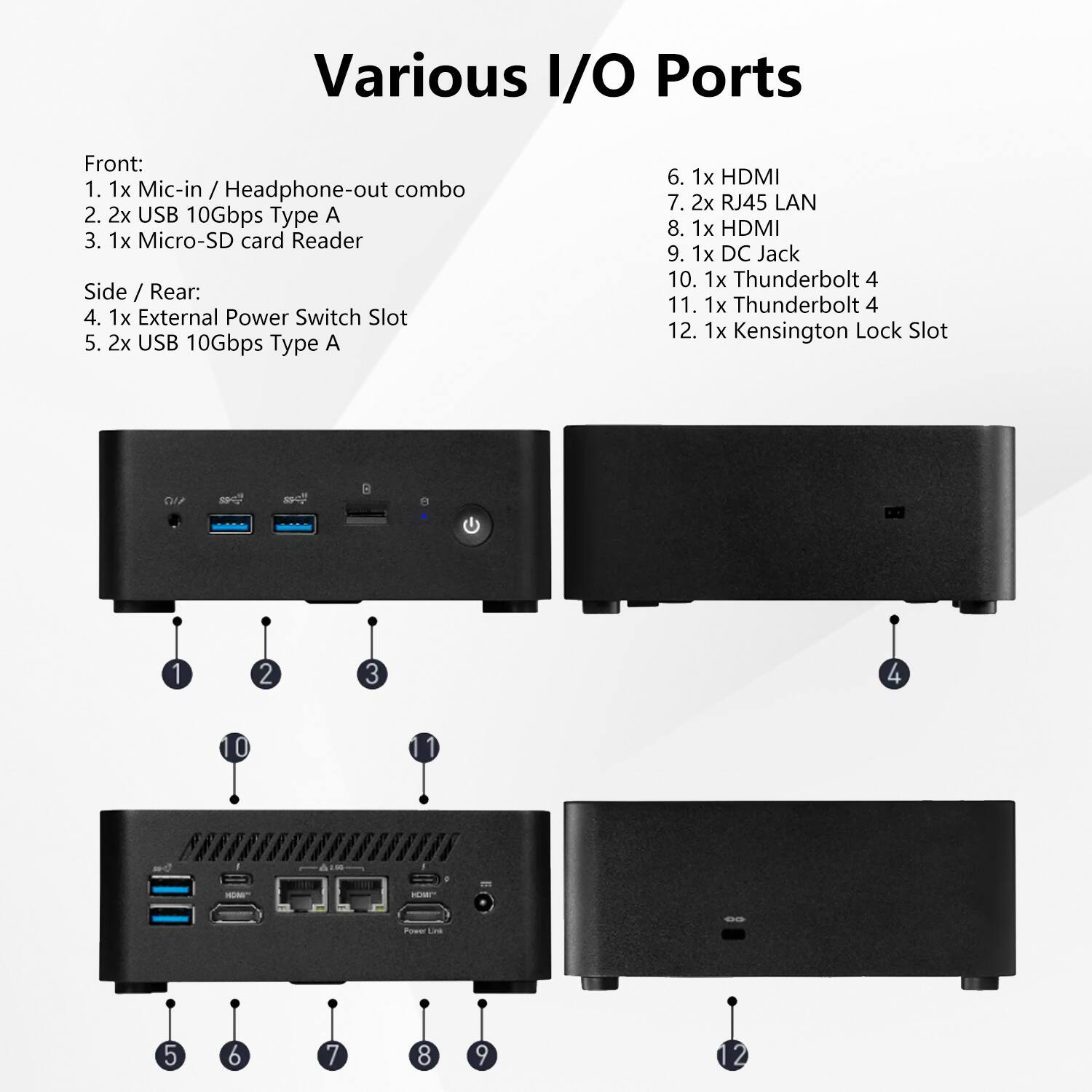 Various I/O Ports

Front:
1. 1x Mic-in / Headphone-out combo
2. 2x USB 10Gbps Type A
3. 1x Micro-SD card Reader

Side / Rear:
4. 1x External Power Switch Slot
5. 2x USB 10Gbps Type A
6. 1x HDMI
7. 2x RJ45 LAN
8. 1x HDMI
9. 1x DC Jack
10. 1x Thunderbolt 4
11. 1x Thunderbolt 4
12. 1x Kensington Lock Slot