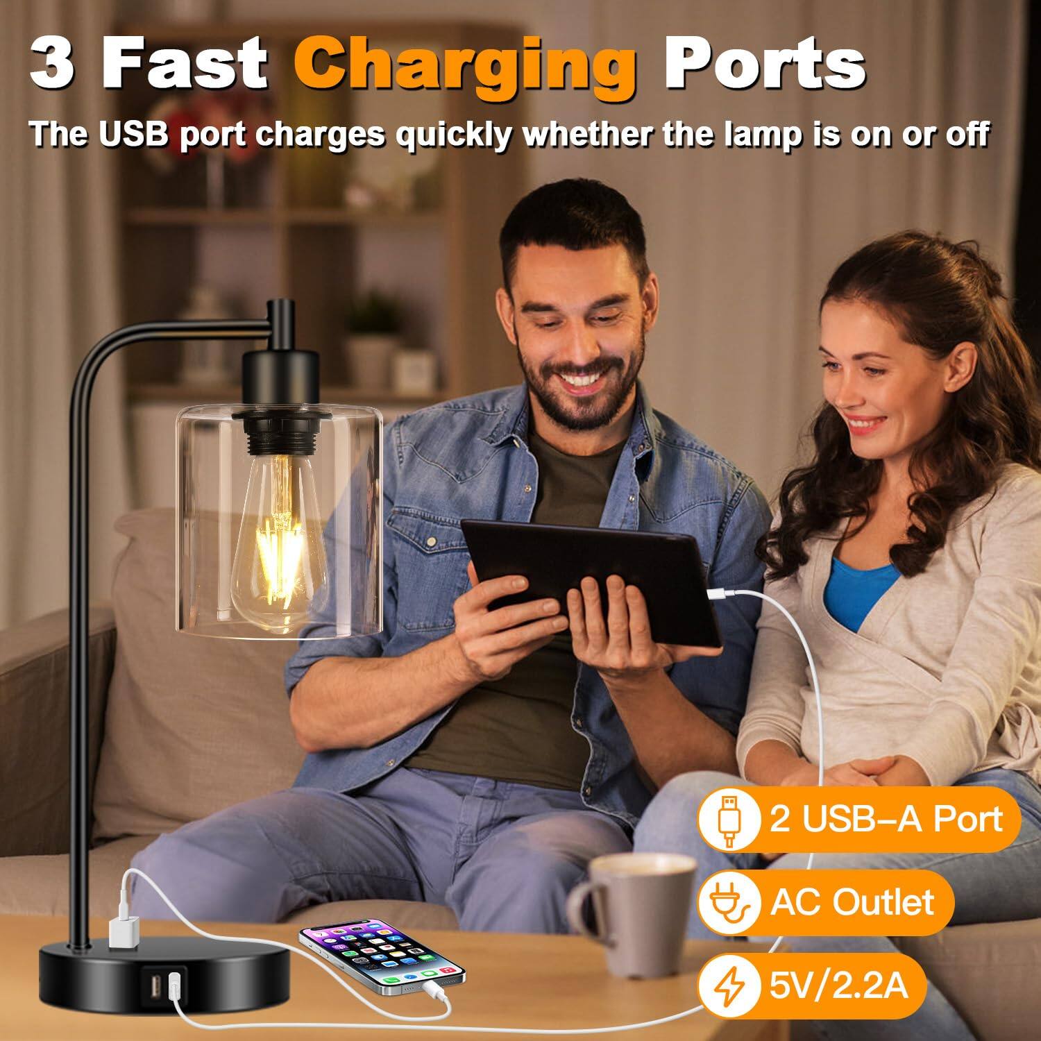 3 Fast Charging Ports  
The USB port charges quickly whether the lamp is on or off  

2 USB-A Port  
AC Outlet  
5V/2.2A