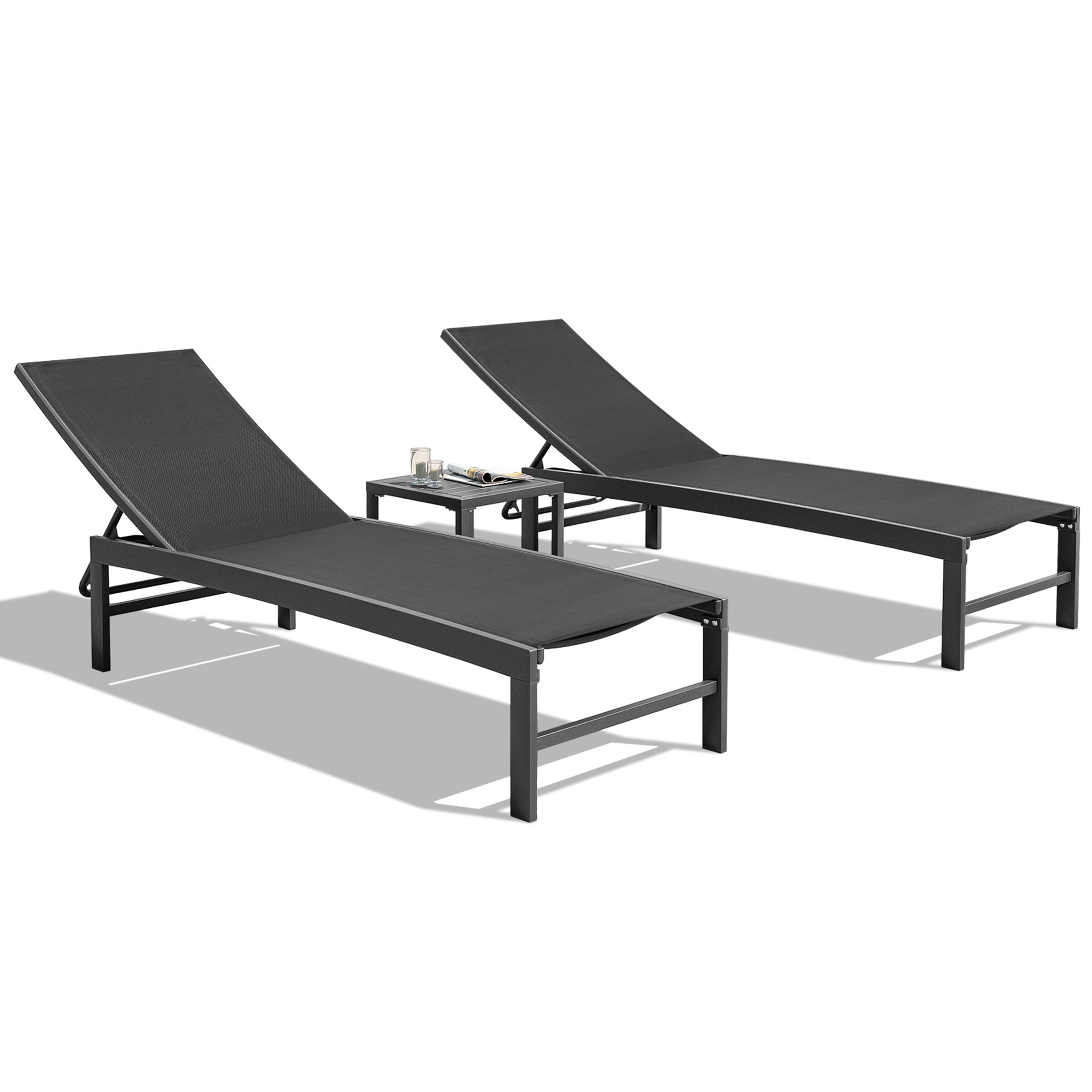 Front. Crestlive Products - Crestlive Products 3 pcs Outdoor Aluminum Mesh Chaise Lounge Chairs and Side Table Set with Adjustable Backrest Black - Black.