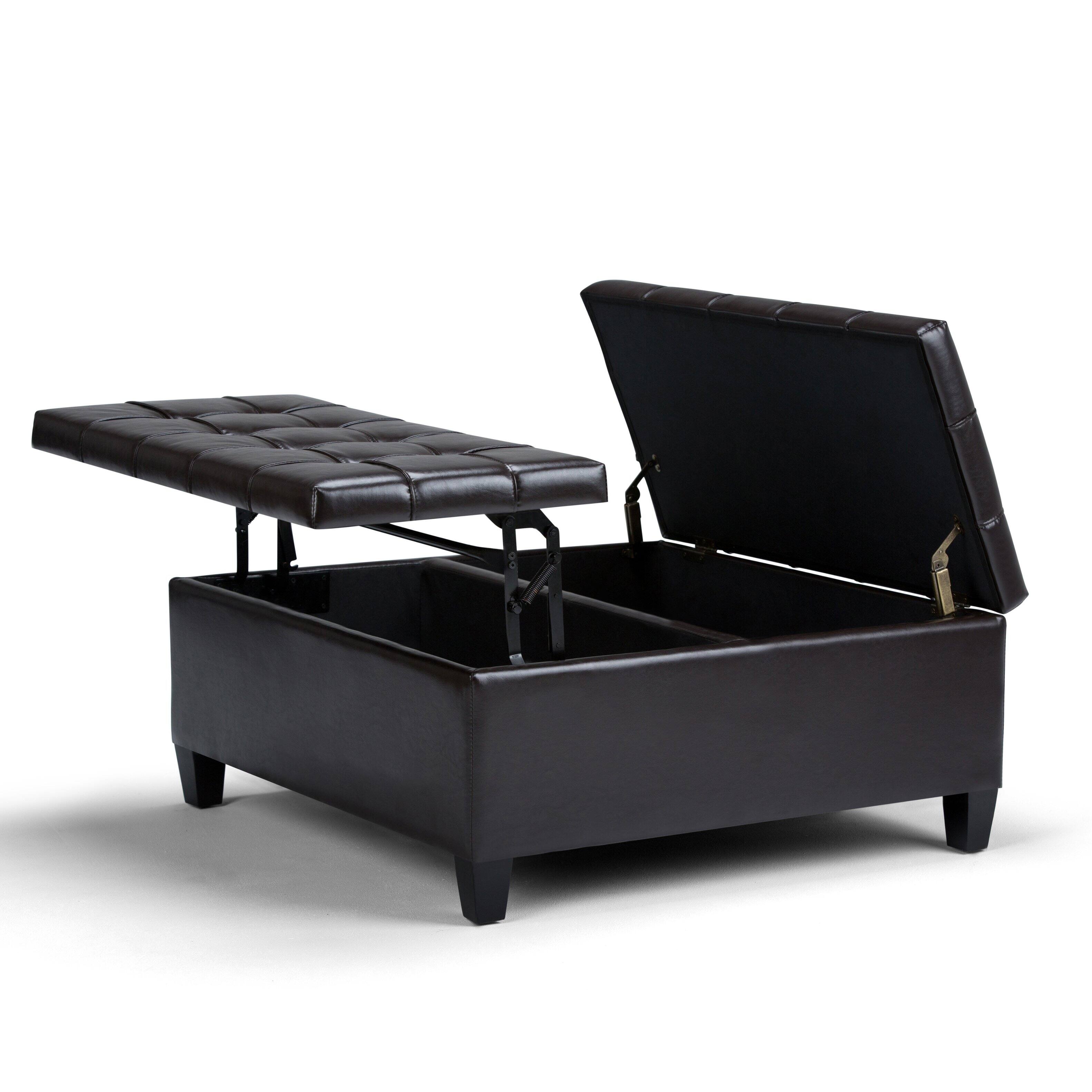 Left. Simpli Home - Harrison 36 inch Wide Transitional Square Coffee Table Storage Ottoman in Tanners Brown Faux Leather - Tanner's Brown.