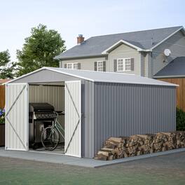 Loheer - 10x12 ft Galvanized Steel Outdoor Storage Shed with Floor Frame and Double Lockable Doors Gray Metal Tool Shed