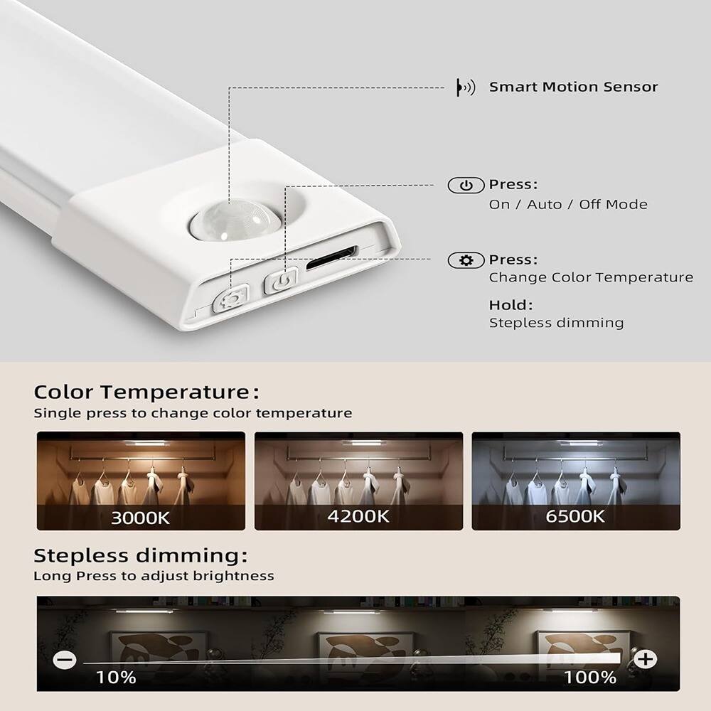 Smart Motion Sensor

Press:
- On / Auto / Off Mode

Press:
- Change Color Temperature
- Hold: Stepless dimming

Color Temperature:
- Single press to change color temperature
  - 3000K
  - 4200K
  - 6500K

Stepless dimming:
- Long Press to adjust brightness
  - 10%
  - 100%