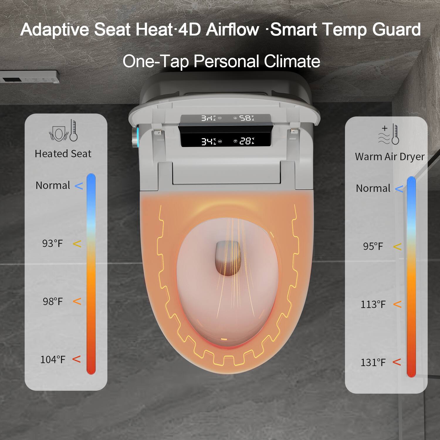 Adaptive Seat Heat - 4D Airflow - Smart Temp Guard  
One-Tap Personal Climate  

Heated Seat  
Normal  
93°F  
98°F  
104°F  

Warm Air Dryer  
Normal  
95°F  
113°F  
131°F