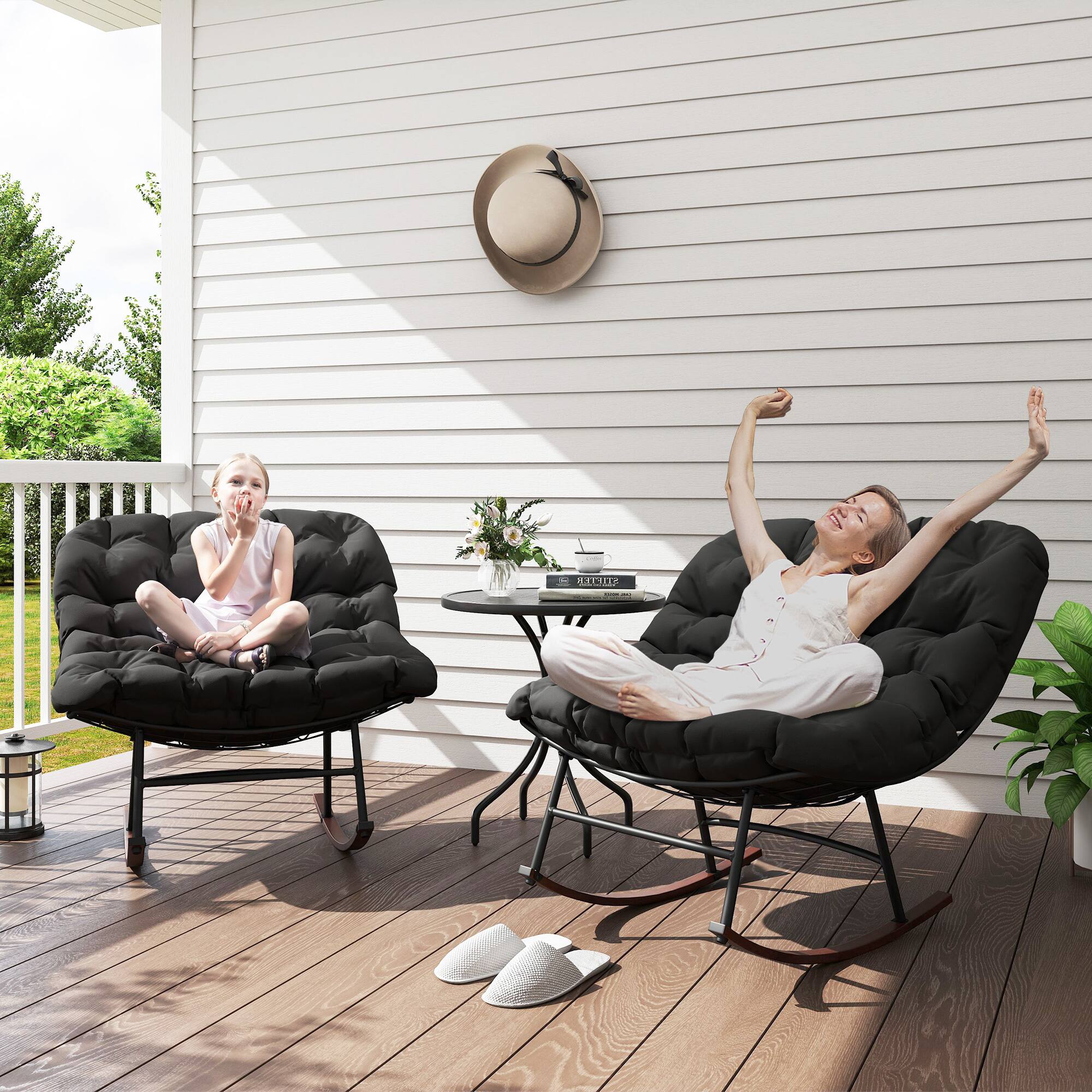 Alt View 1. Outsunny - Outdoor Rocking Chair Set of 2, Oversized Rocking Papasan Chairs with Cushions, Steel Frame, Comfy Rockers - Black.