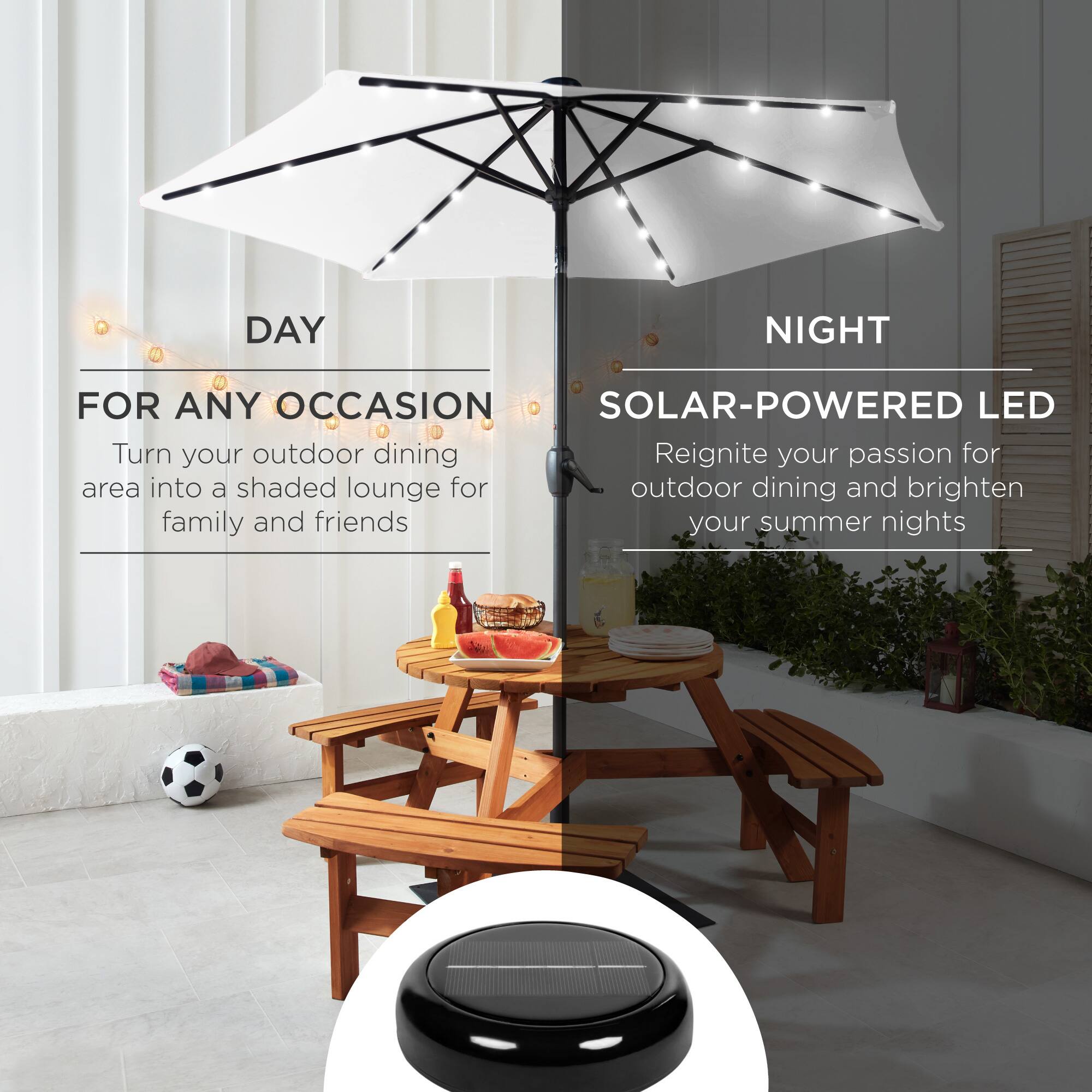 DAY NIGHT FOR ANY OCCASION SOLAR-POWERED LED

Turn your outdoor dining area into a shaded lounge for family and friends.

Reignite your passion for outdoor dining and brighten your summer nights.
