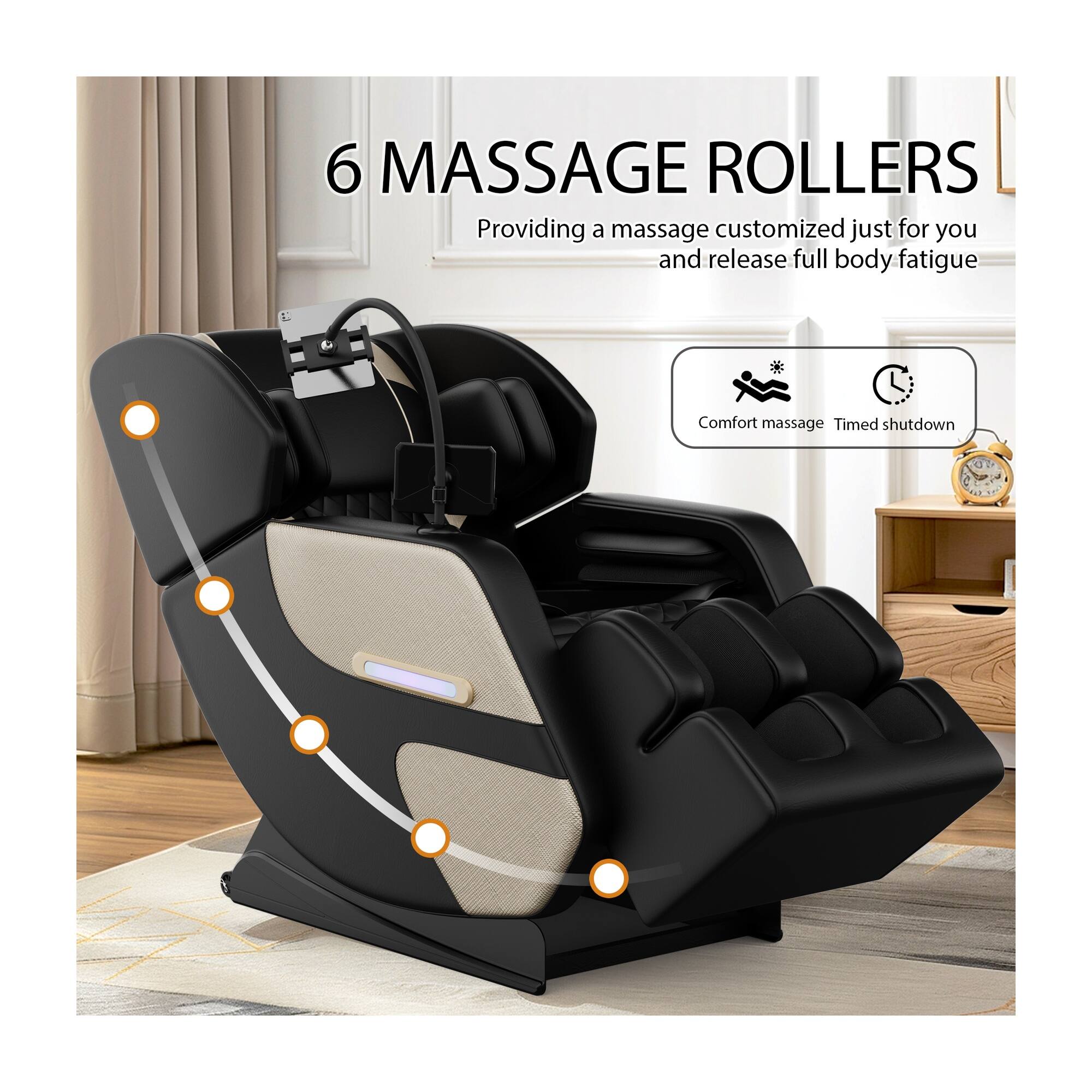6 MASSAGE ROLLERS  
Providing a massage customized just for you and release full body fatigue  
Comfort massage Timed shutdown