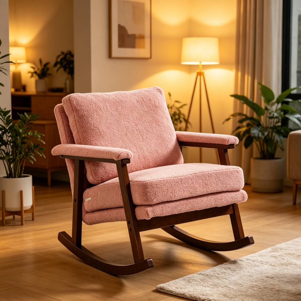 Angle. Loheer - Loheer Mid Century Modern Rocking Chair Solid Wood Frame Pink - Pink.
