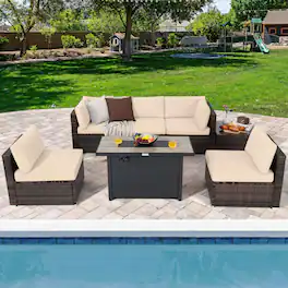 Gymax - 7PCS Patio Rattan Furniture Set Fire Pit Table Cover Cushion Beige - Mix Brown, Black, Beige
