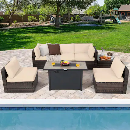 Front. Gymax - Gymax 7PCS Patio Rattan Furniture Set Fire Pit Table Cover Cushion Beige - Mix Brown, Black, Beige.