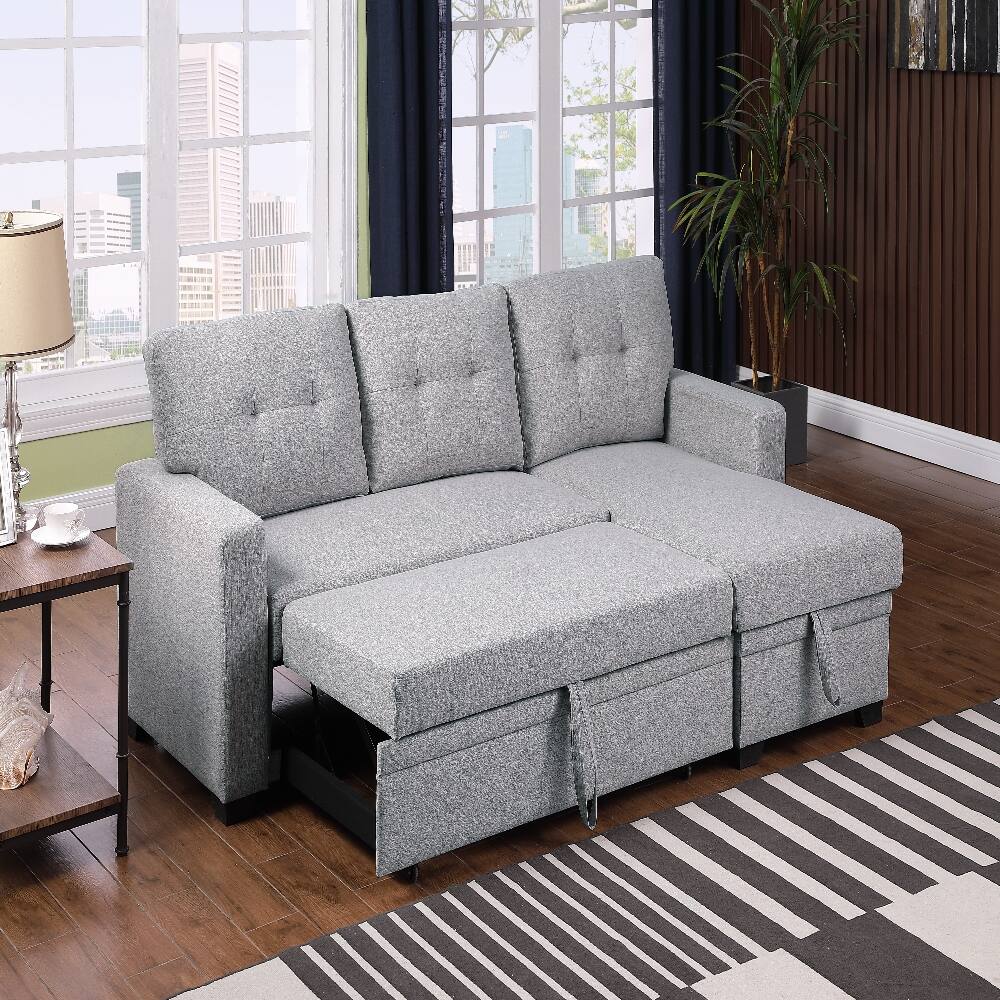 Angle. Loheer - Loheer Pull Out Sectional Sofa Upholstered Sleeper Sofa with Storage Chaise Twin Size Loveseat - Grey.