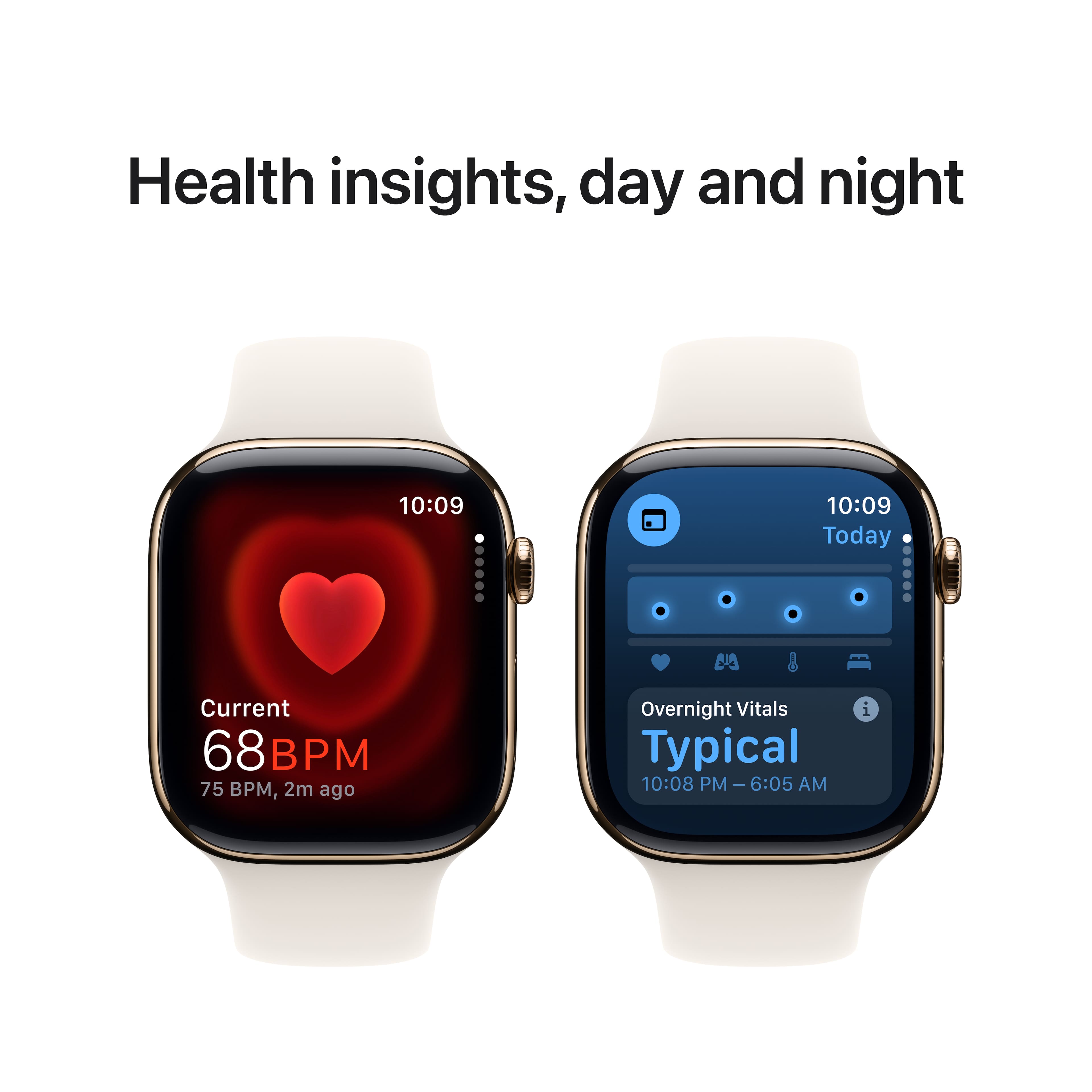 Health insights, day and night:
1. Current: 68 BPM
2. 2 minutes ago: 75 BPM
3. Overnight Vitals: Typical
4. Time: 10:09
5. Today: BS 0
The image shows two watches displaying the same health insights, day and night. The watches are placed side by side, with the time and BPM readings clearly visible. The insights include the current BPM, the BPM 2 minutes ago, the overnight vitals, and the time of the day.