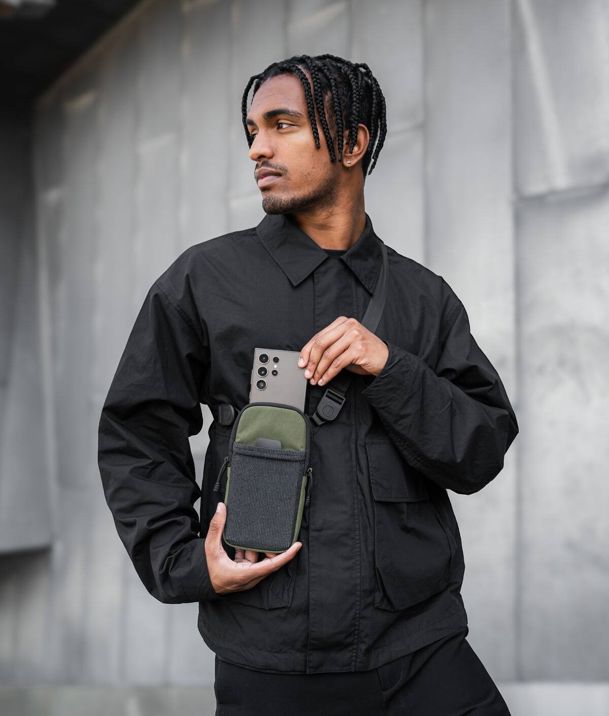 Alt View 6. ALPAKA - Men’s Sling Bag & Belt Bag - Slim Crossbody Phone Sling with Card Sleeve and Phone Pocket - Green Axoflux 400D Washed Nylon.
