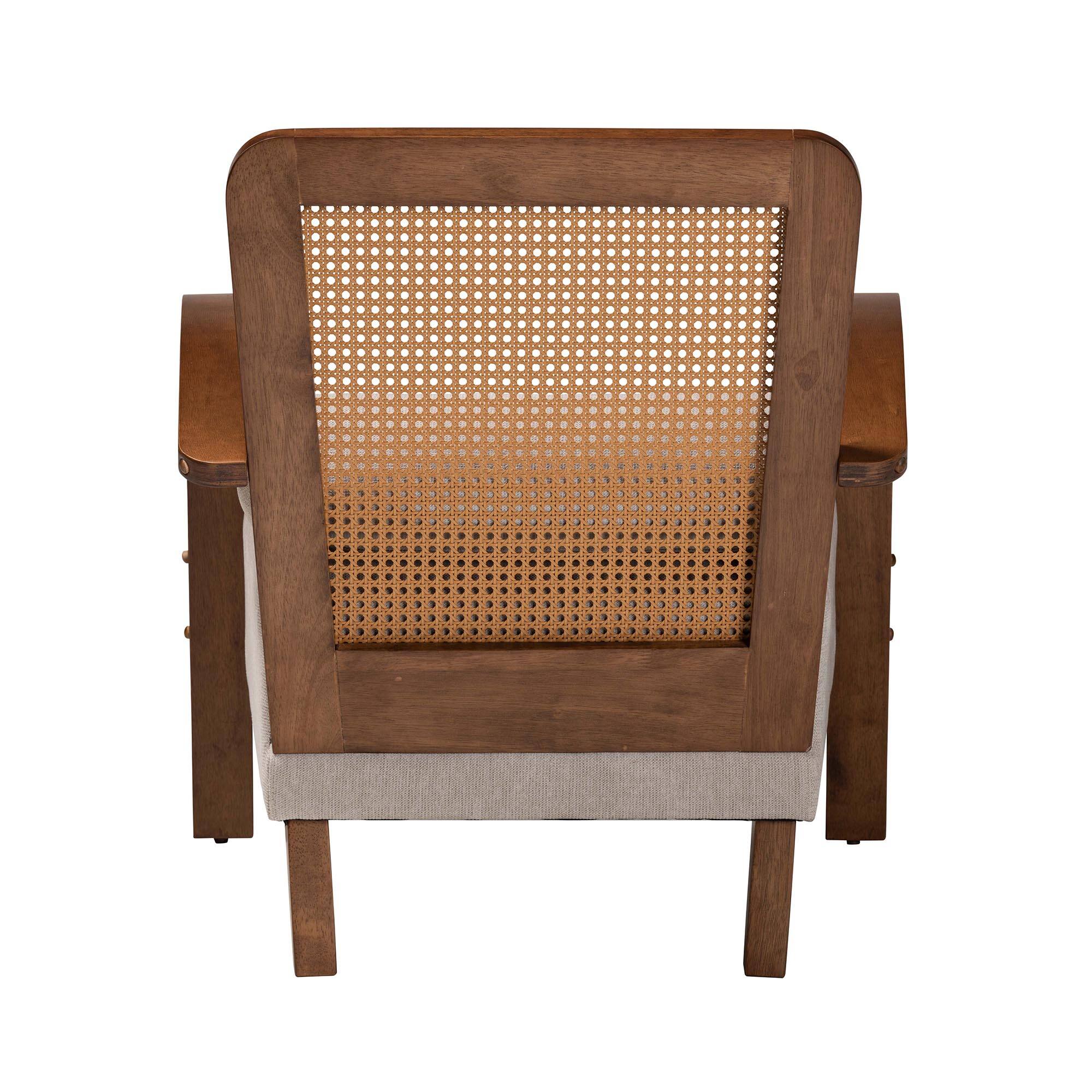 Back. Baxton Studio - Sage Modern Japandi Fabric and Walnut Finished Wood Arm Chair with Woven Rattan - Light Grey/Walnut Brown/Natural Brown.