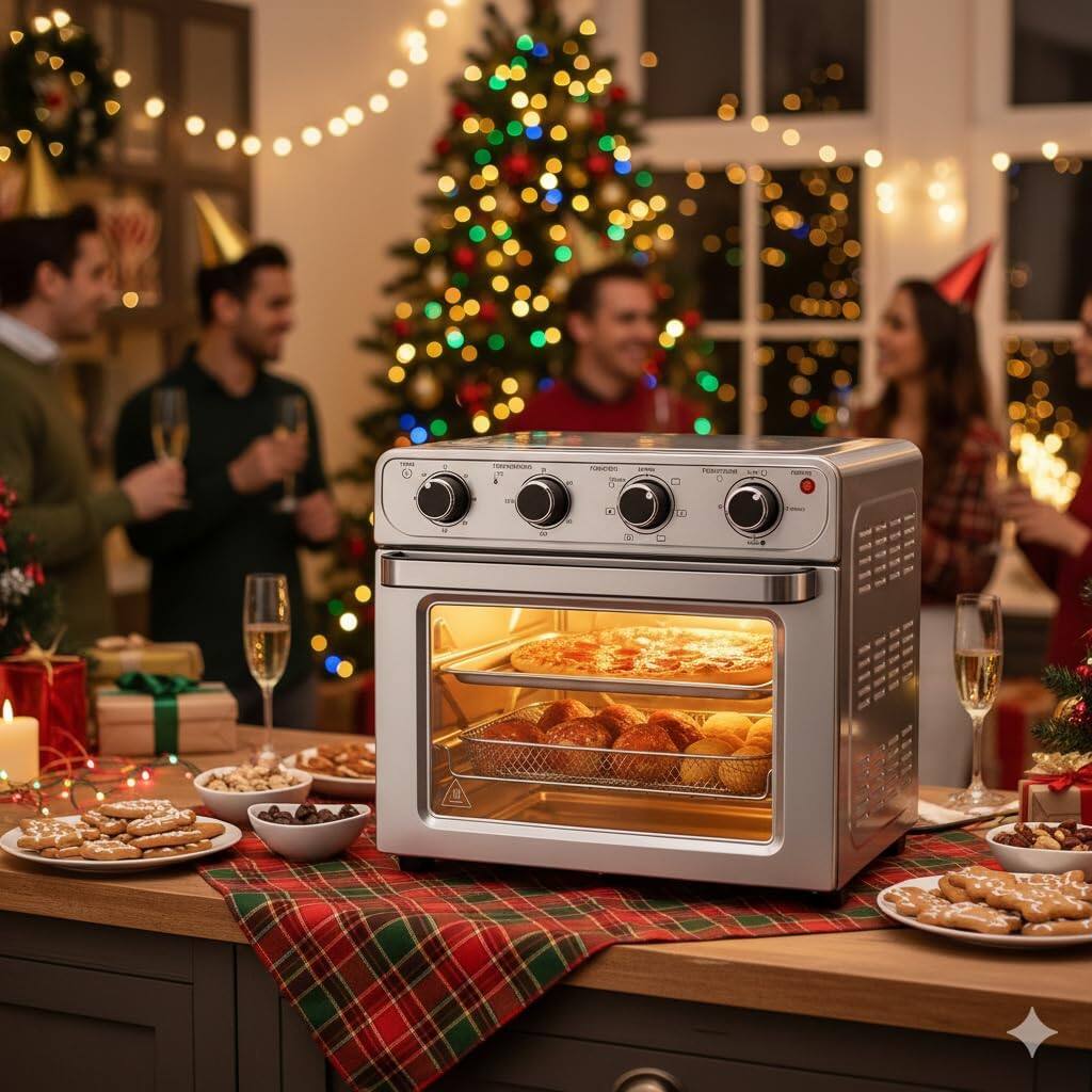 Angle. AENKYO - 26.4QT XL Air Fryer Toaster Oven Combo, 4-in-1 Countertop Convection Oven - Silver.