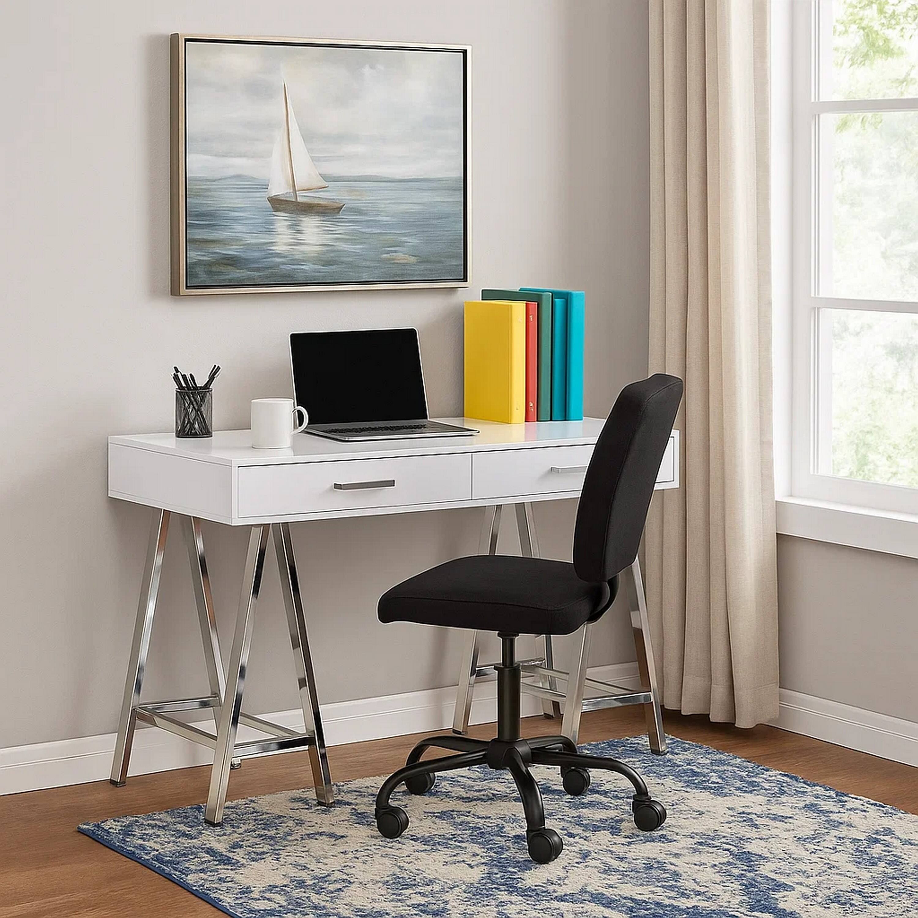 Alt View 3. Manhattan Lane - Writing Desk with MDF 2 Drawers and Metal Legs, White and Chrome - White and Chrome.