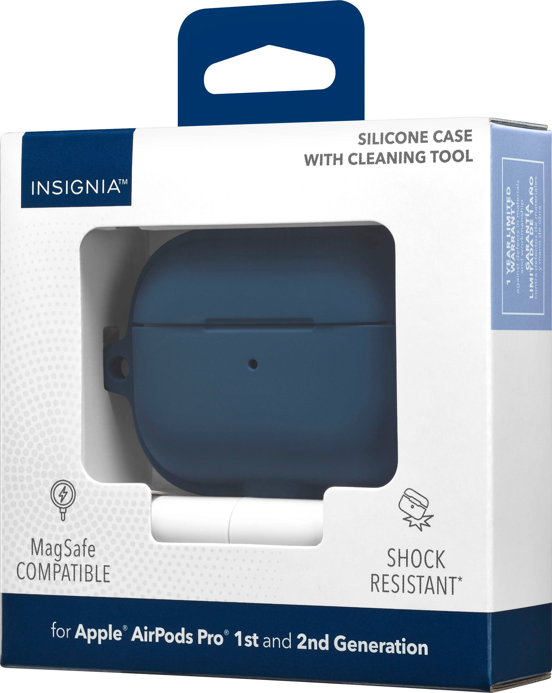 Insignia Silicone Case with Cleaning Tool for Apple AirPods Pro 1st and 2nd Generation. This product comes with a year limited warranty and is shock resistant. It is also MagSafe compatible.