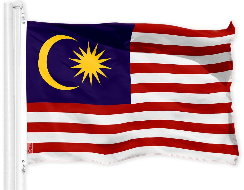 G128 - Malaysia Flag 3x5 ft Printed 150D Polyester, Indoor/Outdoor, Brass Grommets - Assorted Colors