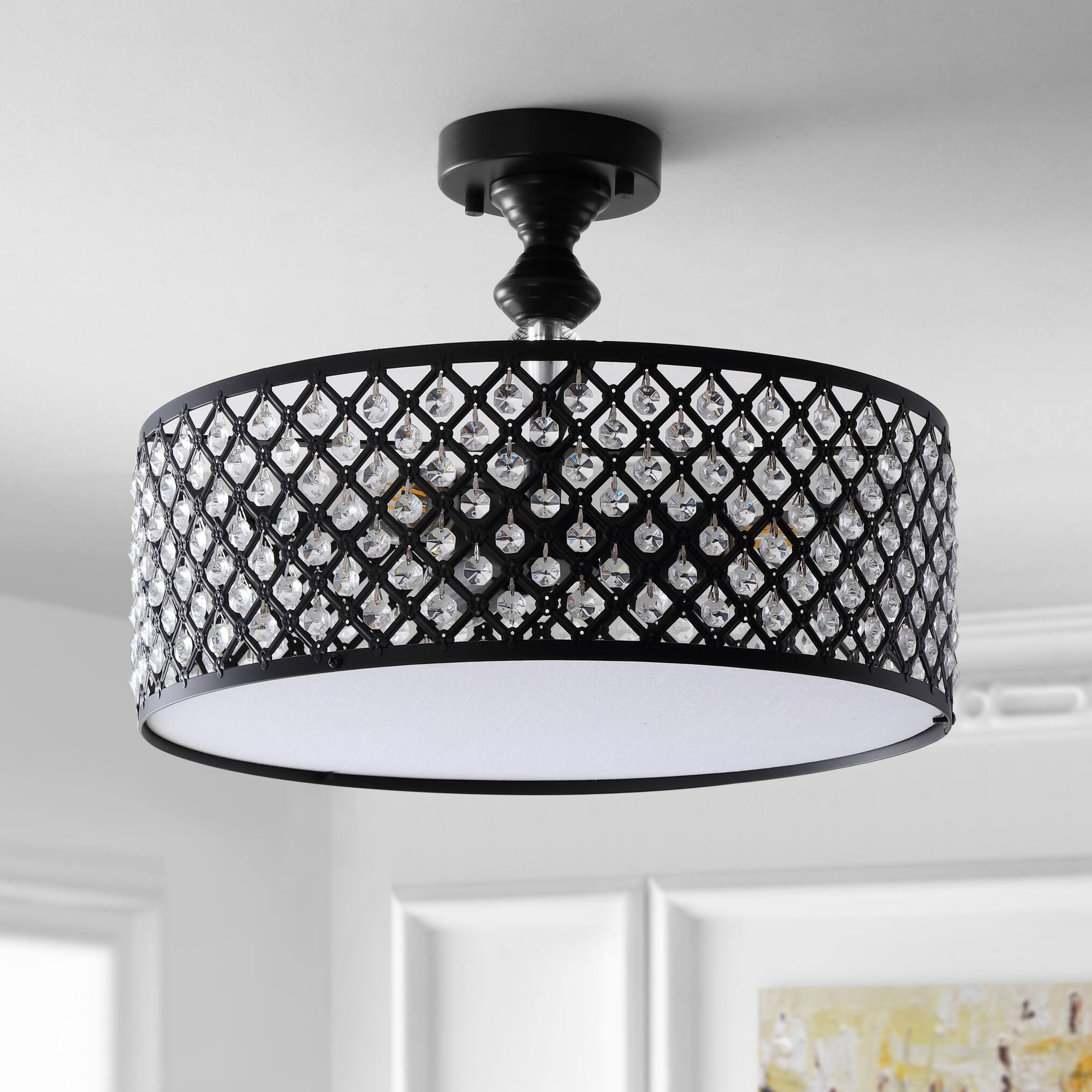 Alt View 5. Jonathan Y - Elise 17" 3-Light Crystal/Metal Drum Semi-Flush Mount, Black - Black/Clear.
